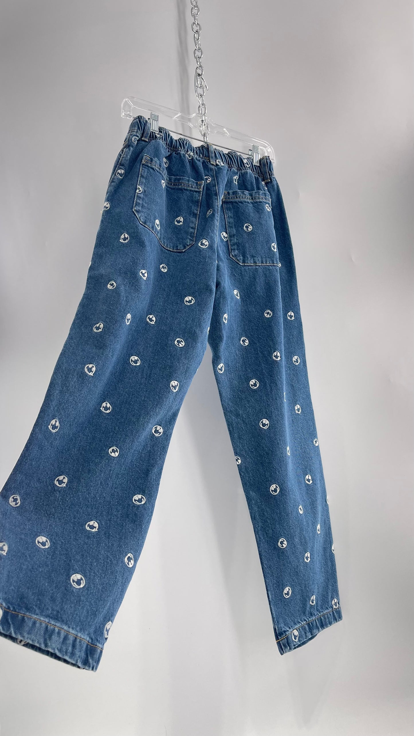 BDG Smiley Face Embroidered Baggy Wide Leg Medium Wash Jeans (Small)