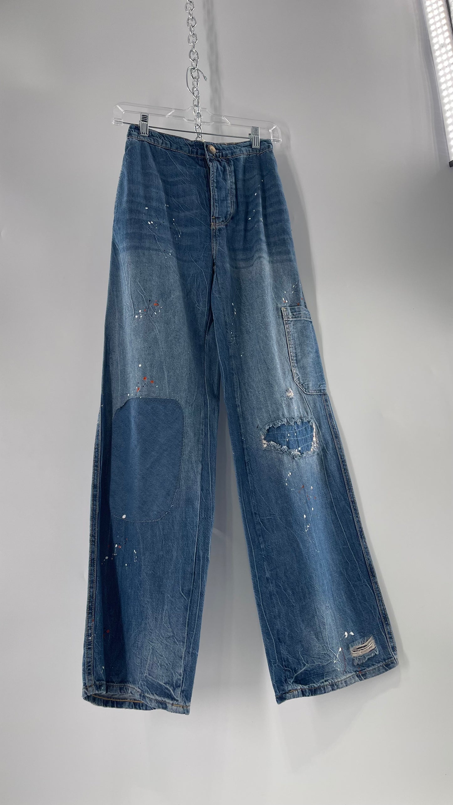 Free People Paint Splash Cargo/Carpenter Starving Artist Slouchy Medium Wash Jeans (24)