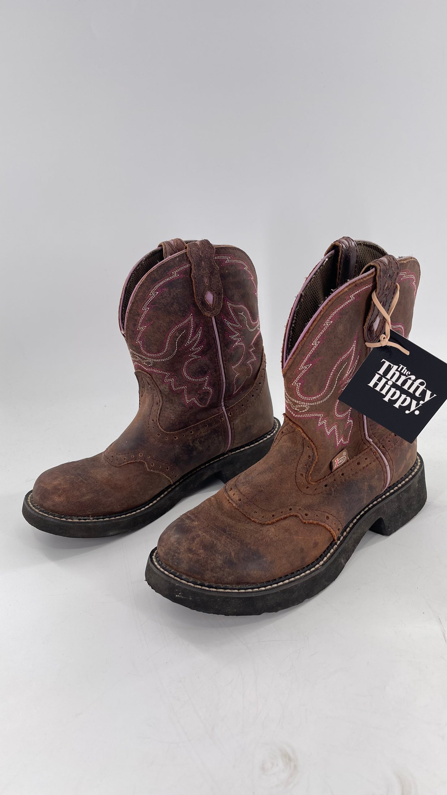 Justin Gypsy Edition Brown Leather Short Cowboy Boot with Pink Embroidery/Stitching (9)