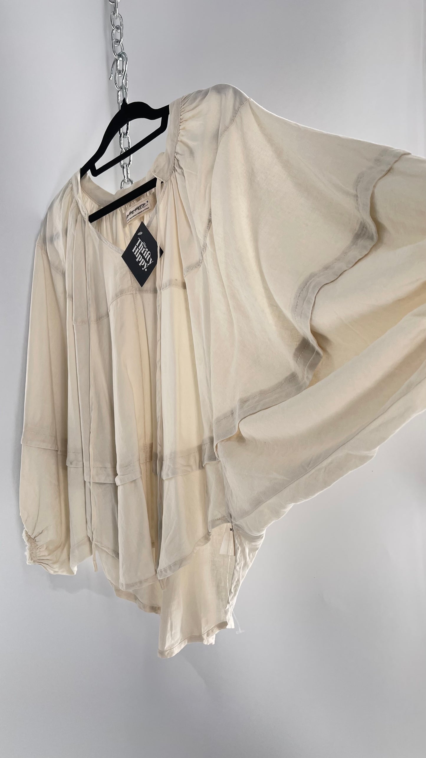 Free People Beige Off White Billow/ Prairie Sleeve Cape Blouse (Small)