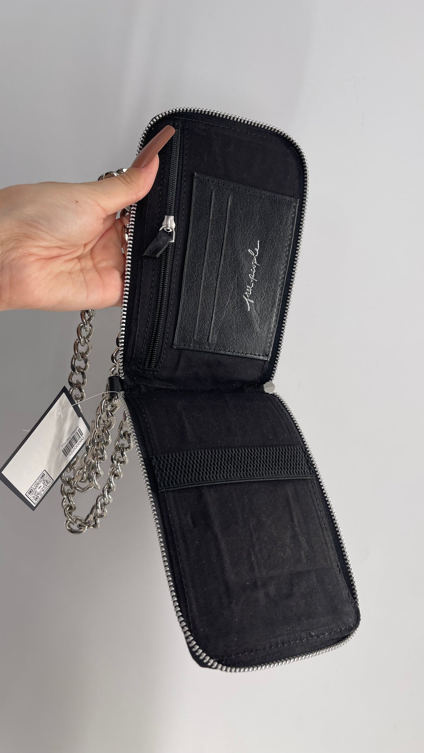 Free People Black Leather Phone Purse with Heavy Metal Chain Strap