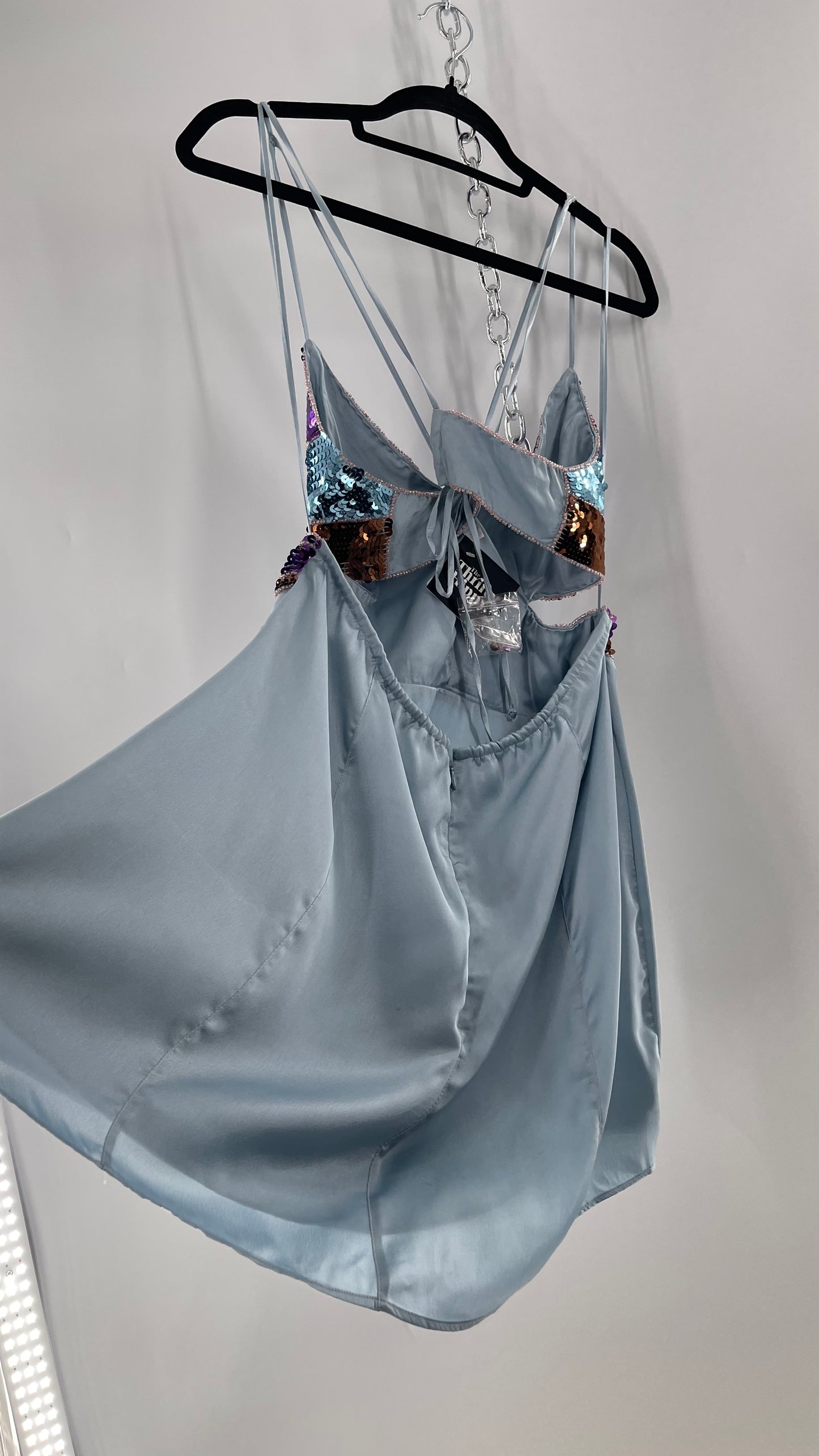 Urban Outfitters Light Blue Satin Butterfly Sequin Size L