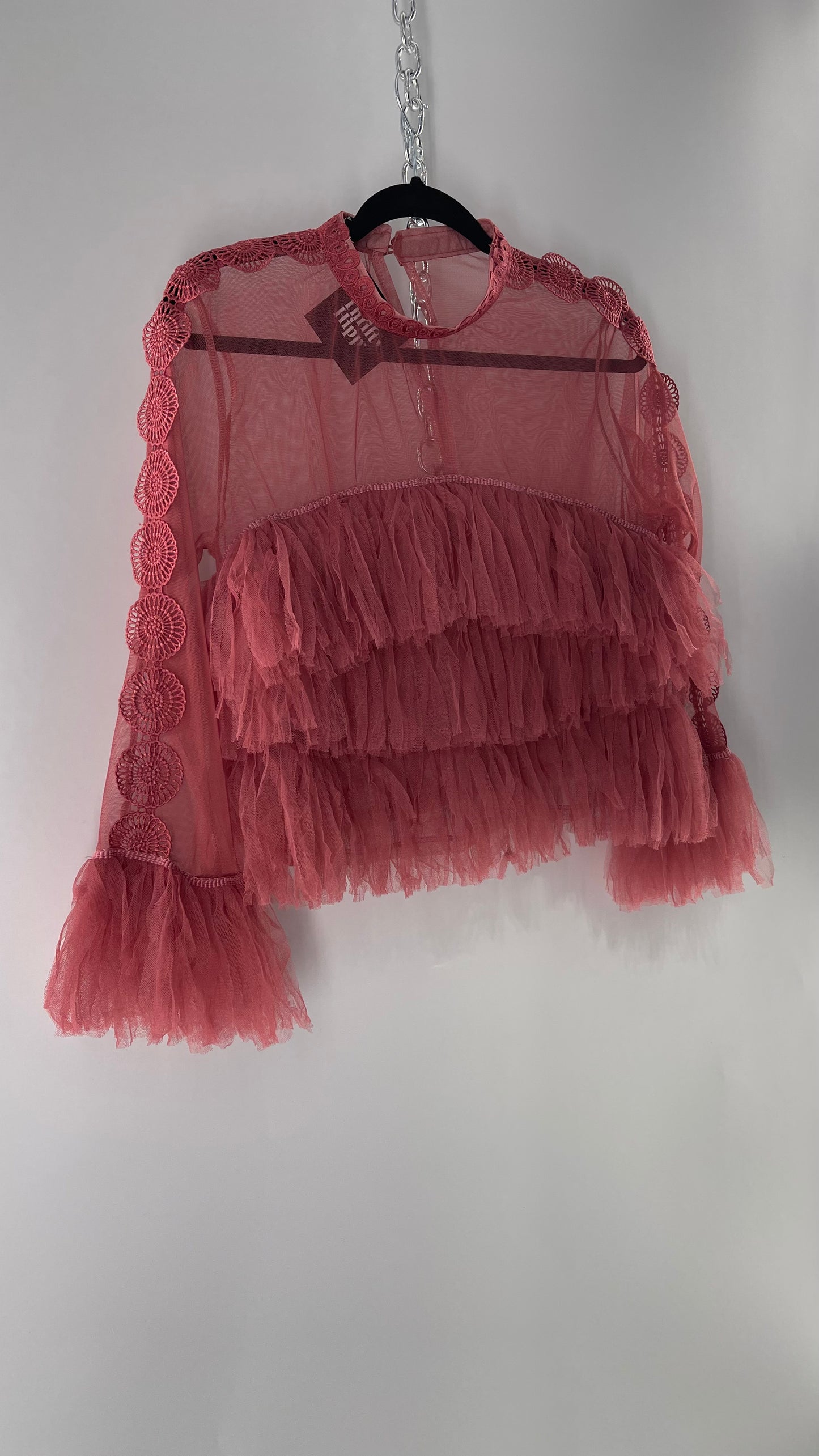 Ups & Downs Pink Mesh Blouse with Ruffled Body/Cuffs and Lace Ribbon Detailing (Medium)