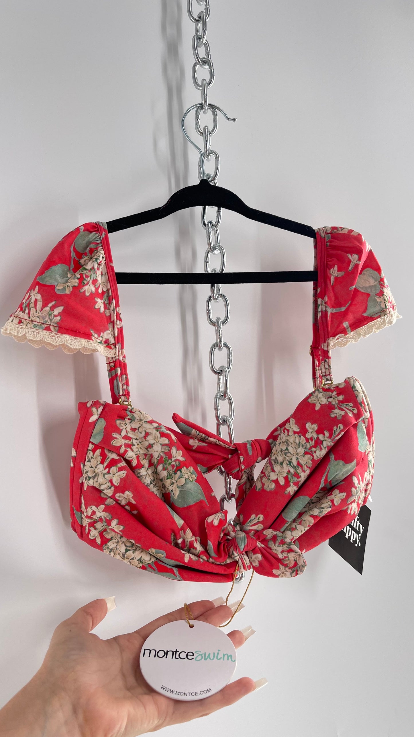 MONTCE Free People Pink Floral Tie Bust Swim Top with Cap Sleeves, Lace Edges, and Tags Attached (Medium)
