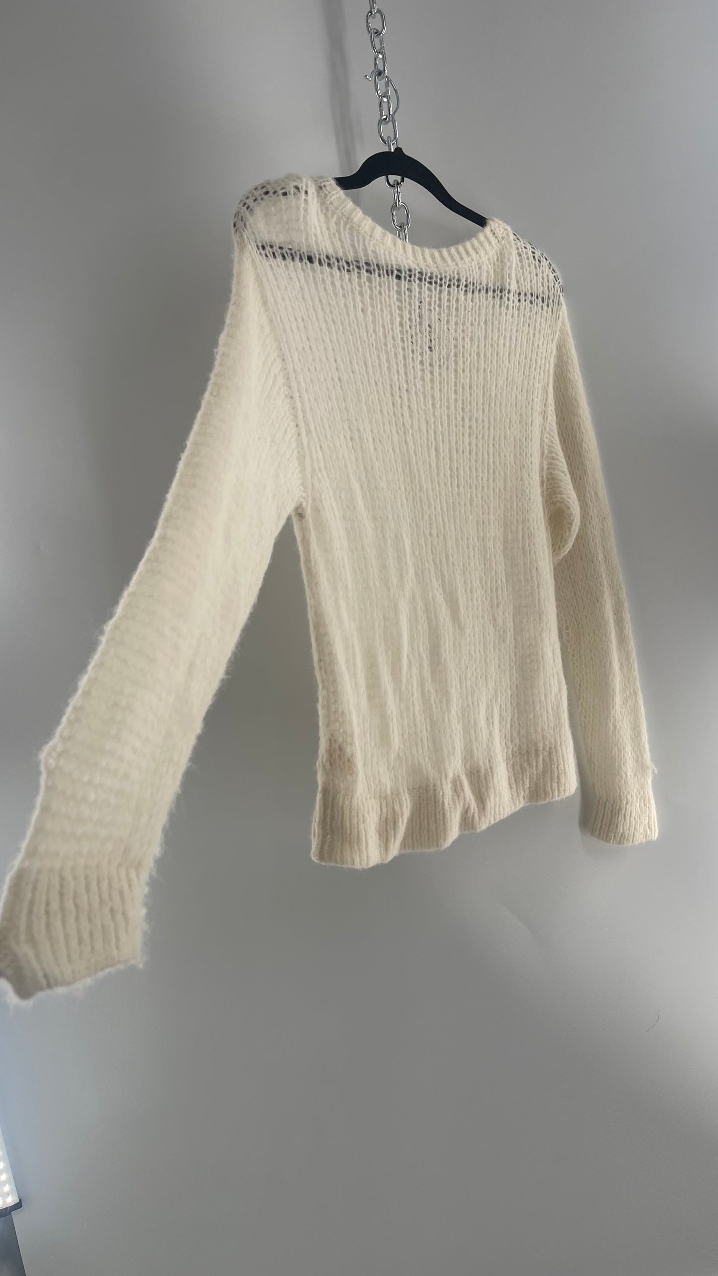 Free People White Open Knit Sweater 56% Alpaca (Medium)