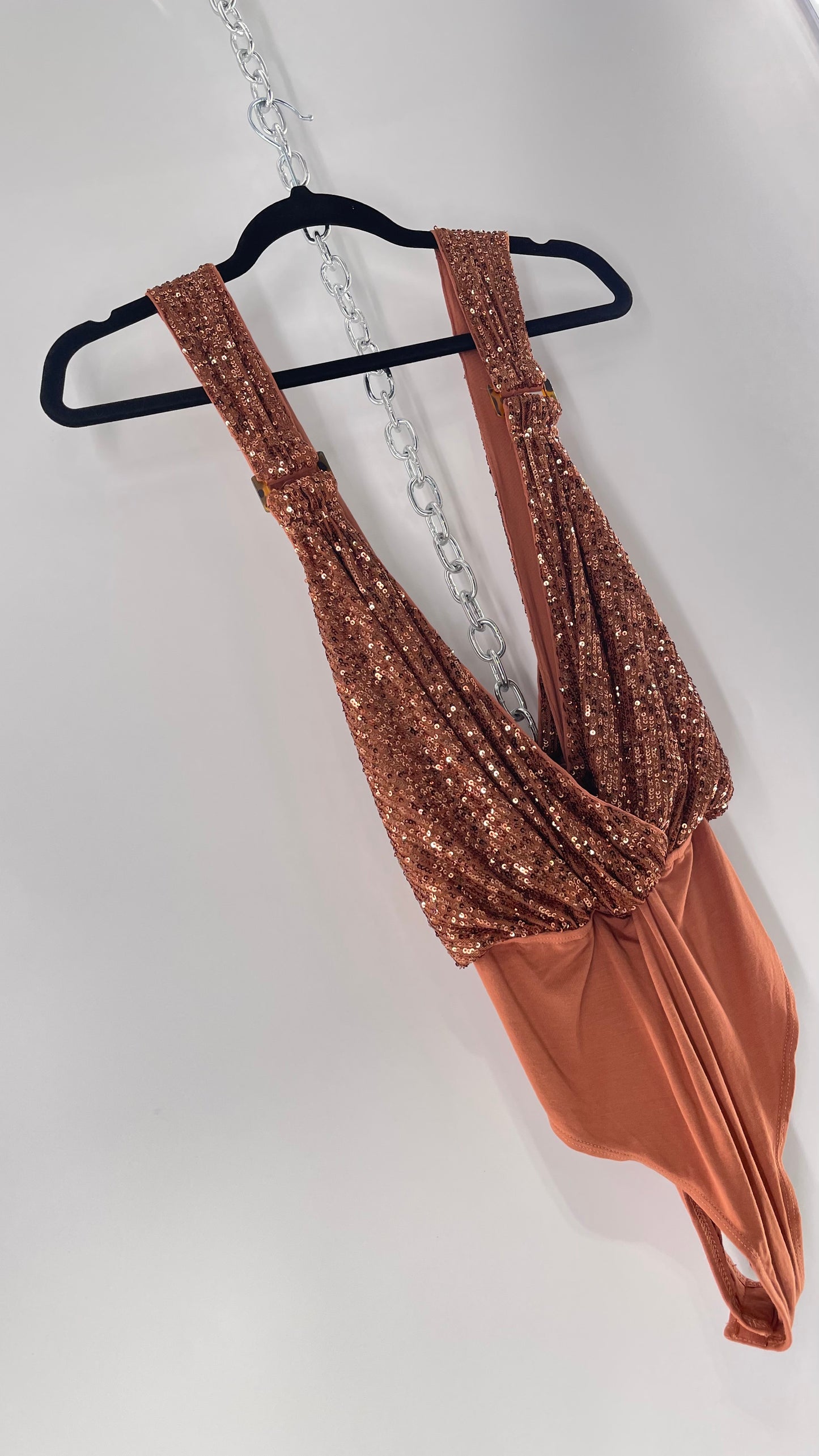 Free People Copper Sequin Draping Bodysuit with Tortoise Shell Buckle Detail (Medium)
