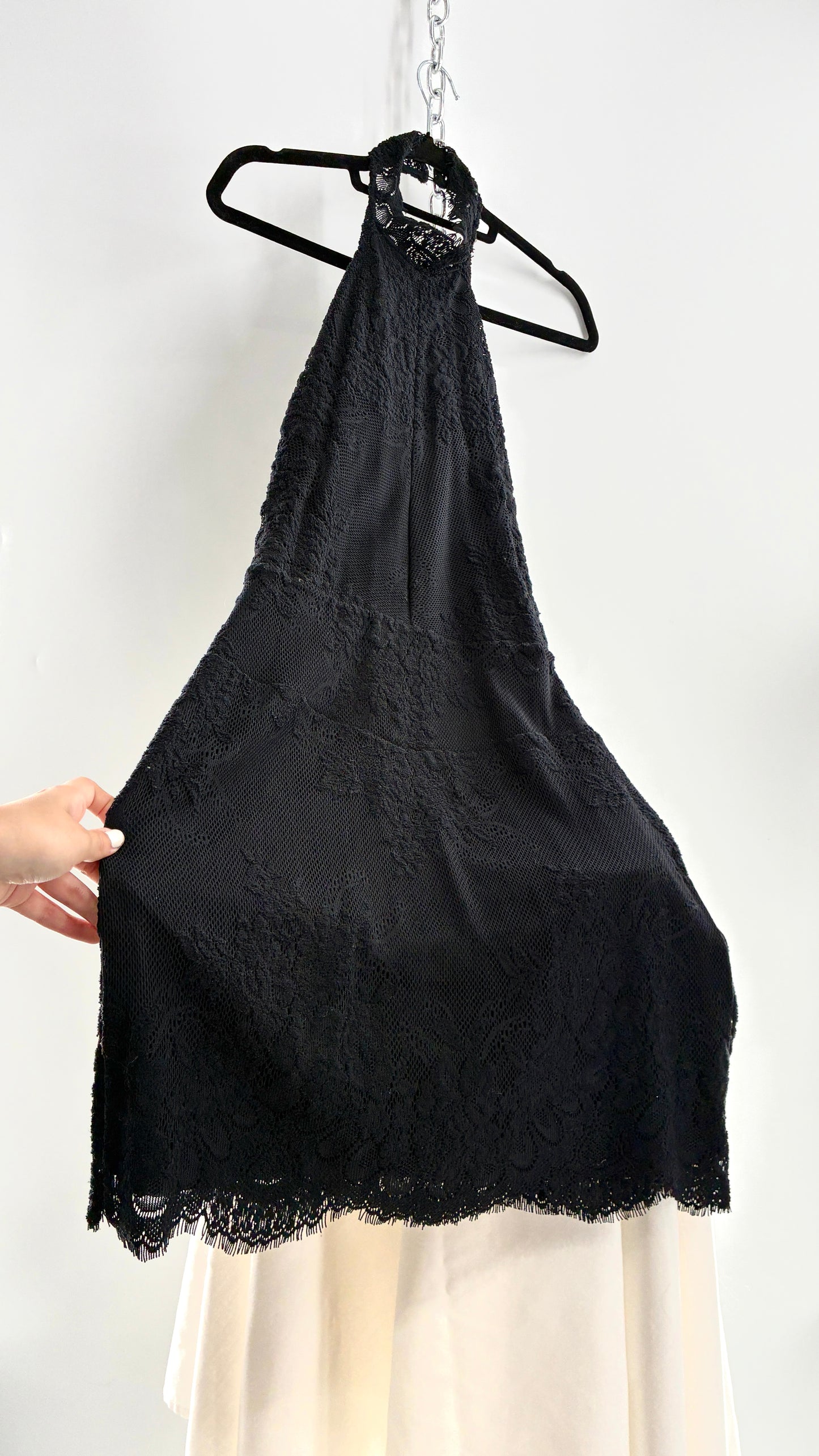 Free People Black Lace Halter Mini Dress with Open Back (Medium)