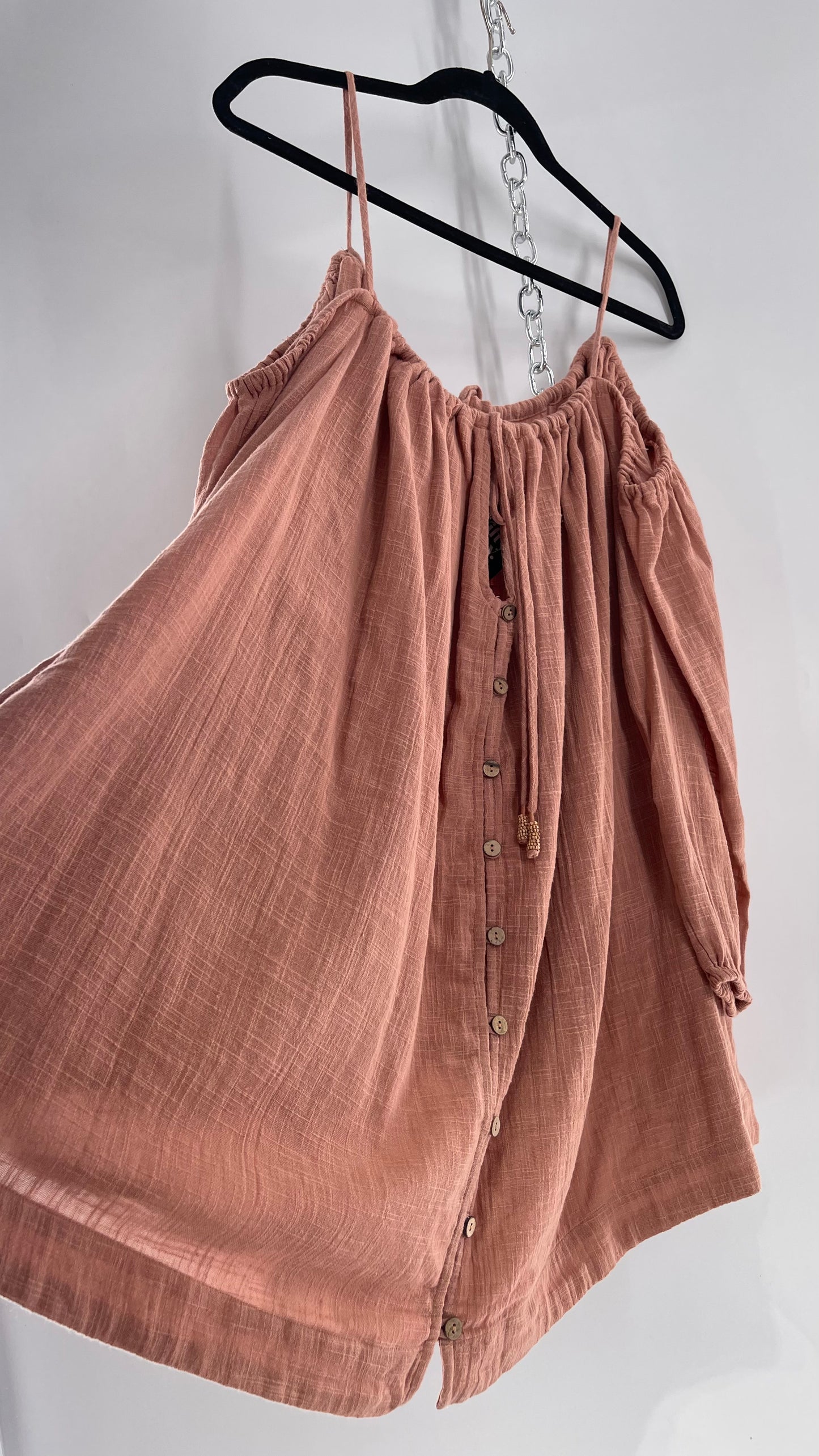 Free People Cotton Blush Pink Button Front Cold Shoulder Dress (Medium)