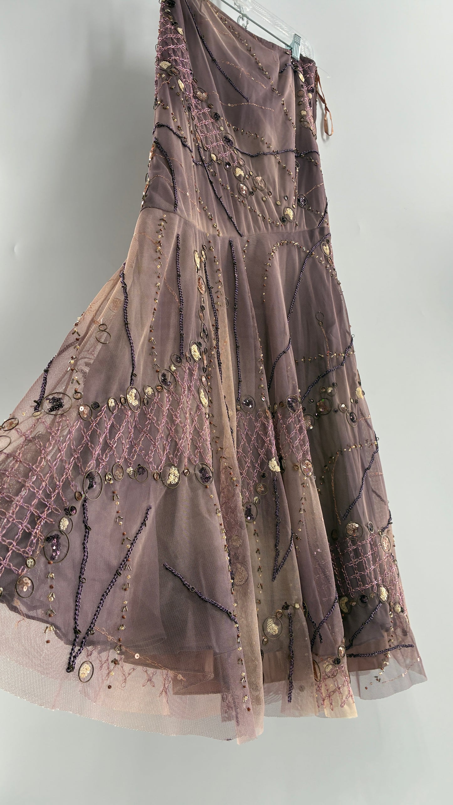 Vintage ALBERTO MAKALI Completely Embroidered and Beaded Maxi Asymmetric Dusty Purple Skirt (4)