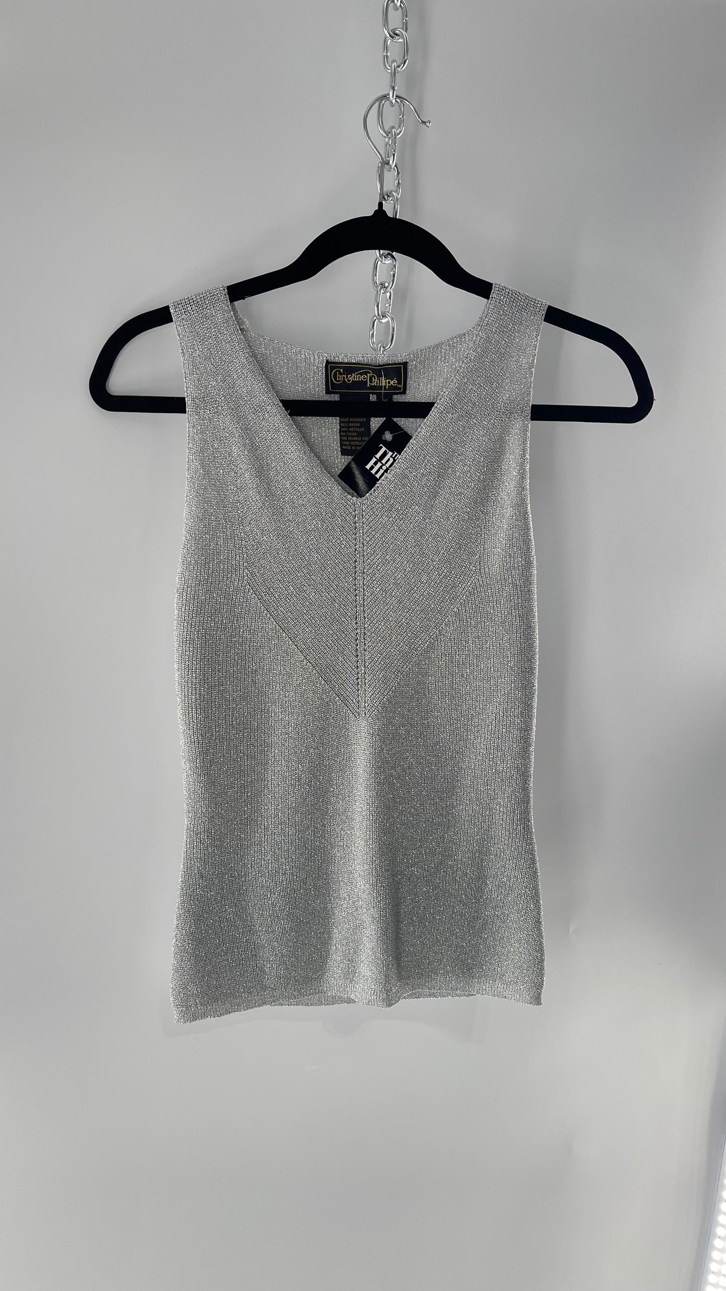 Vintage Christine Phillipe Vintage Metallic Silver Tinsel Knit Tank (Medium)