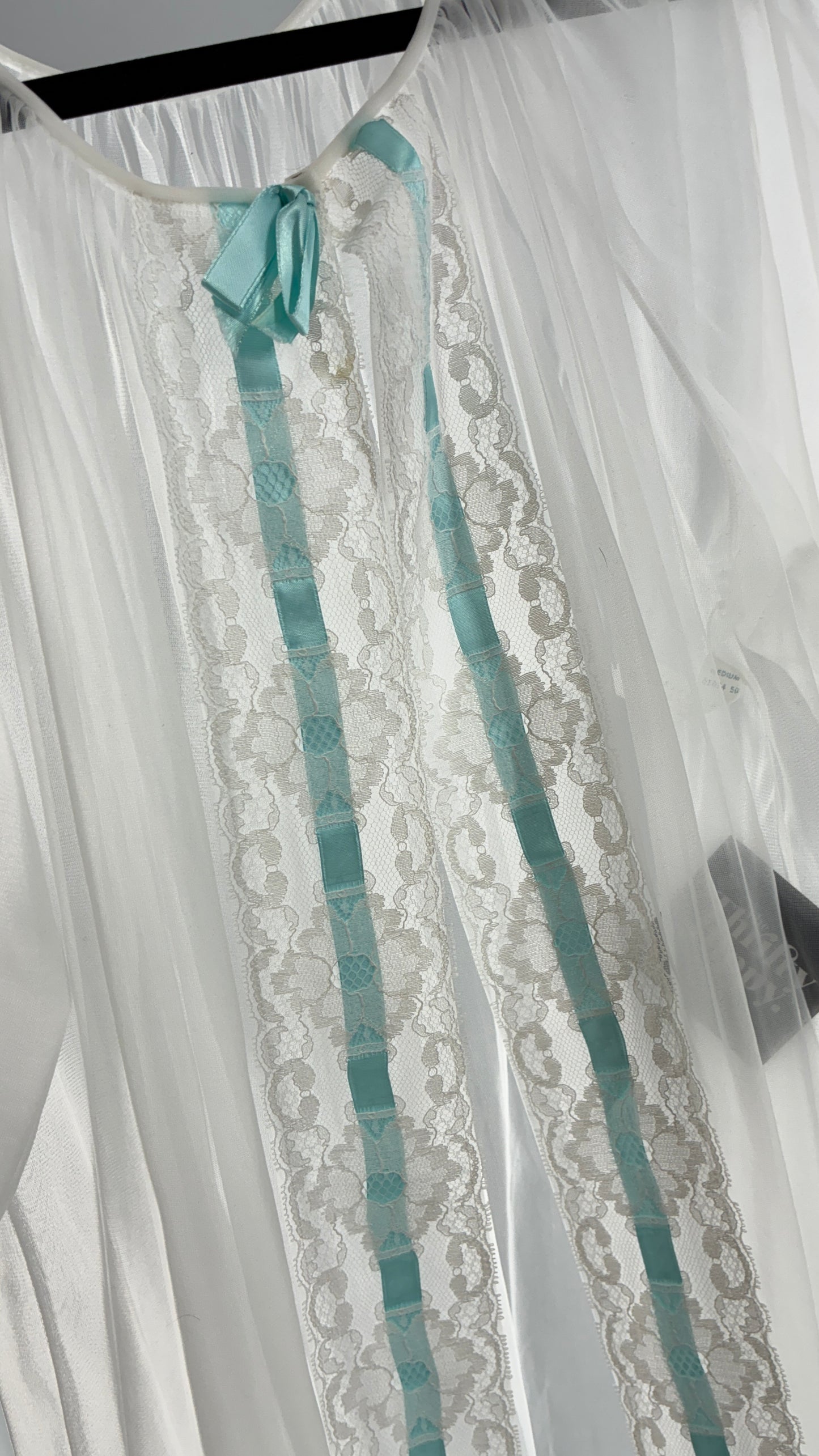 Vintage White Tulle Dress Cape with Oversized Puff Sleeves, Lined with Lace and Baby Blue Ribbon Trim (Medium)