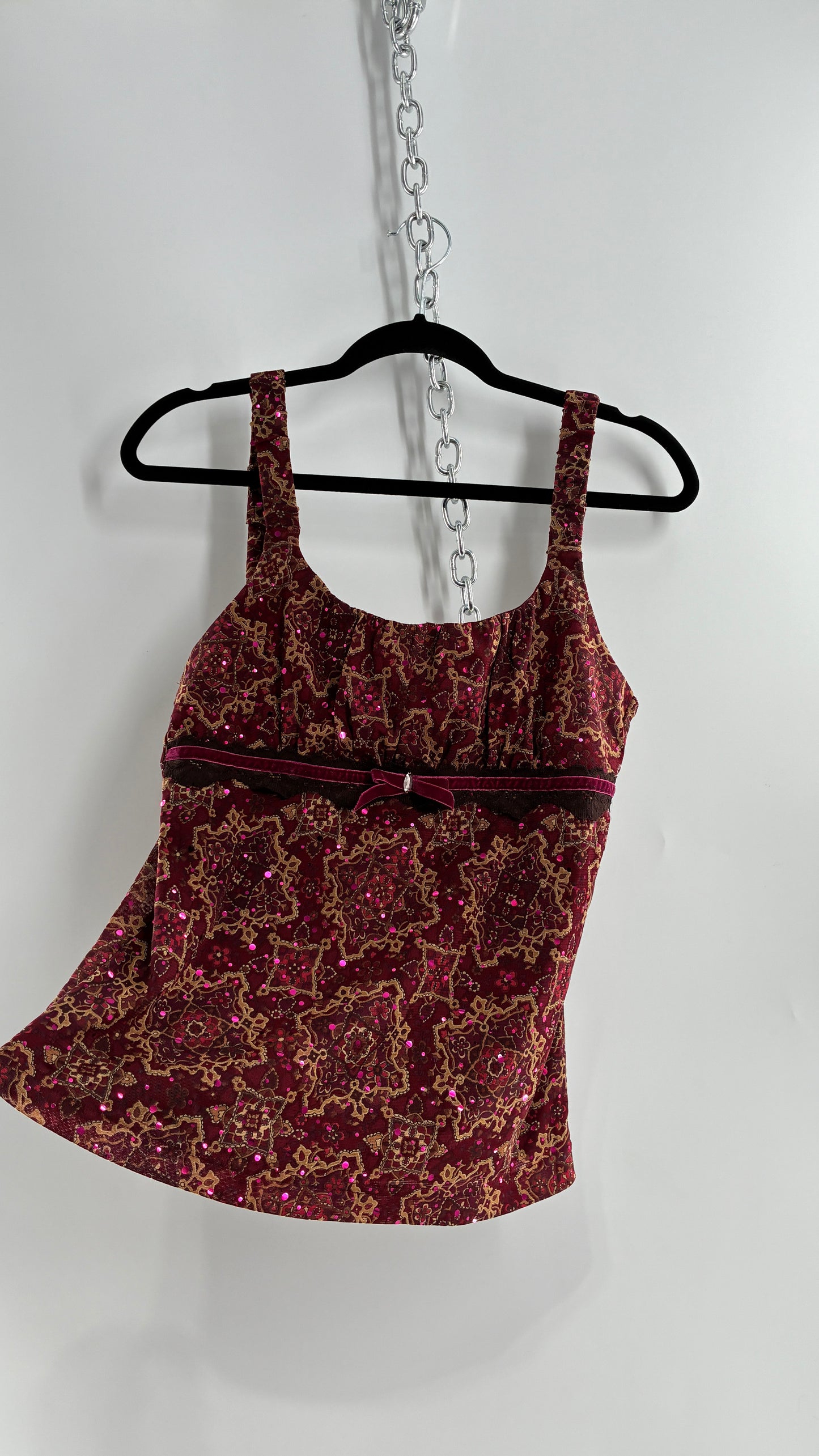 Vintage SELF ESTEEM Maroon Camisole with Sequins, Ruched Bust, and Velvet Ribbon Detail (Large)