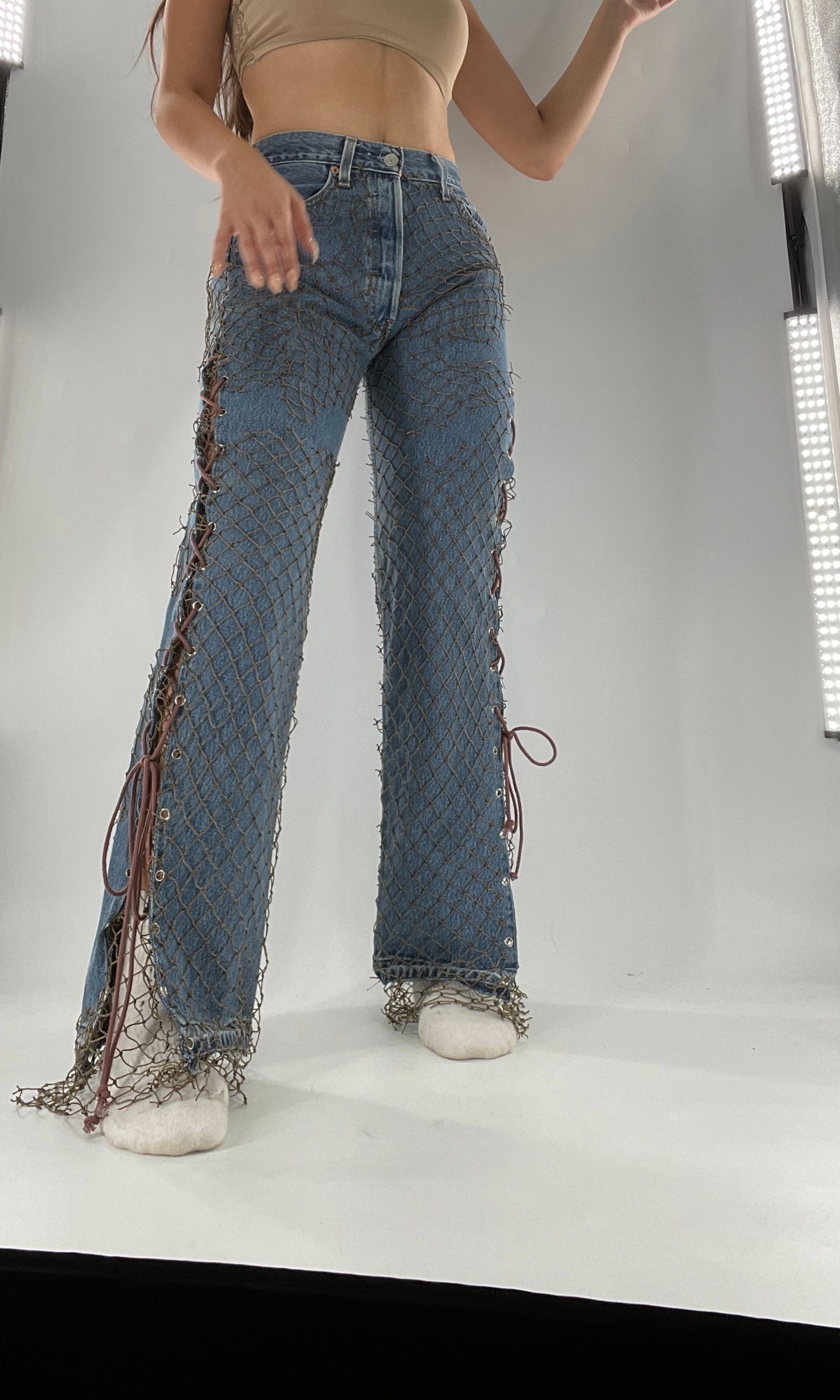 Custom - Fishnet Levi’s with Grommets and Lace Up Sides (Waist 29 Length 30) Fits Like a 26*