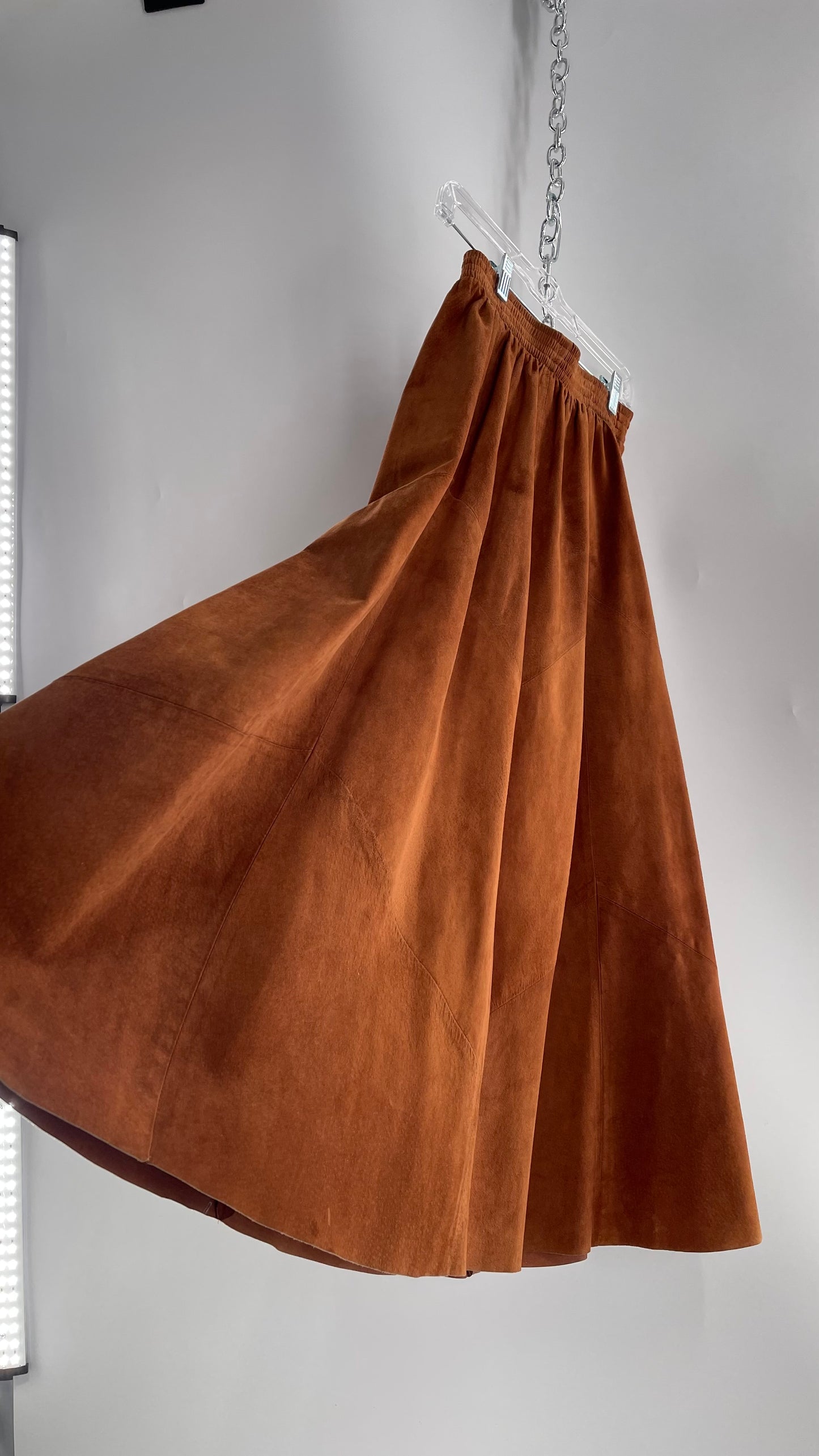 Vintage Brown Leather Suede Paneled Voluminous Skirt Assembled in Mexico (S)