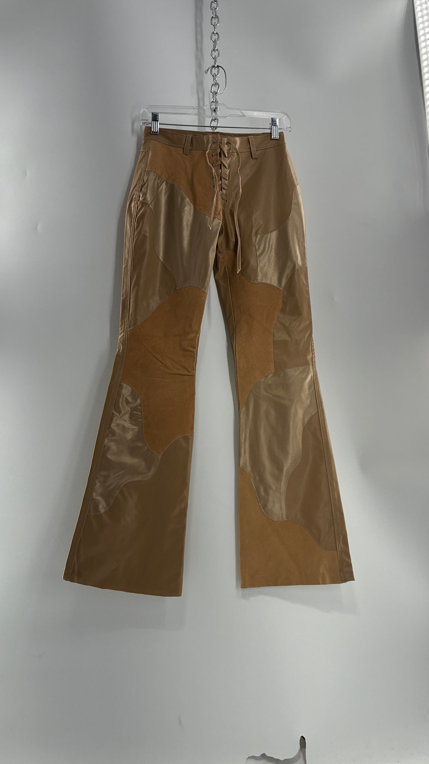 Vintage OUTER EDGE Patchwork Vegan Leather Kickflares with Tie Up Waistline (3)