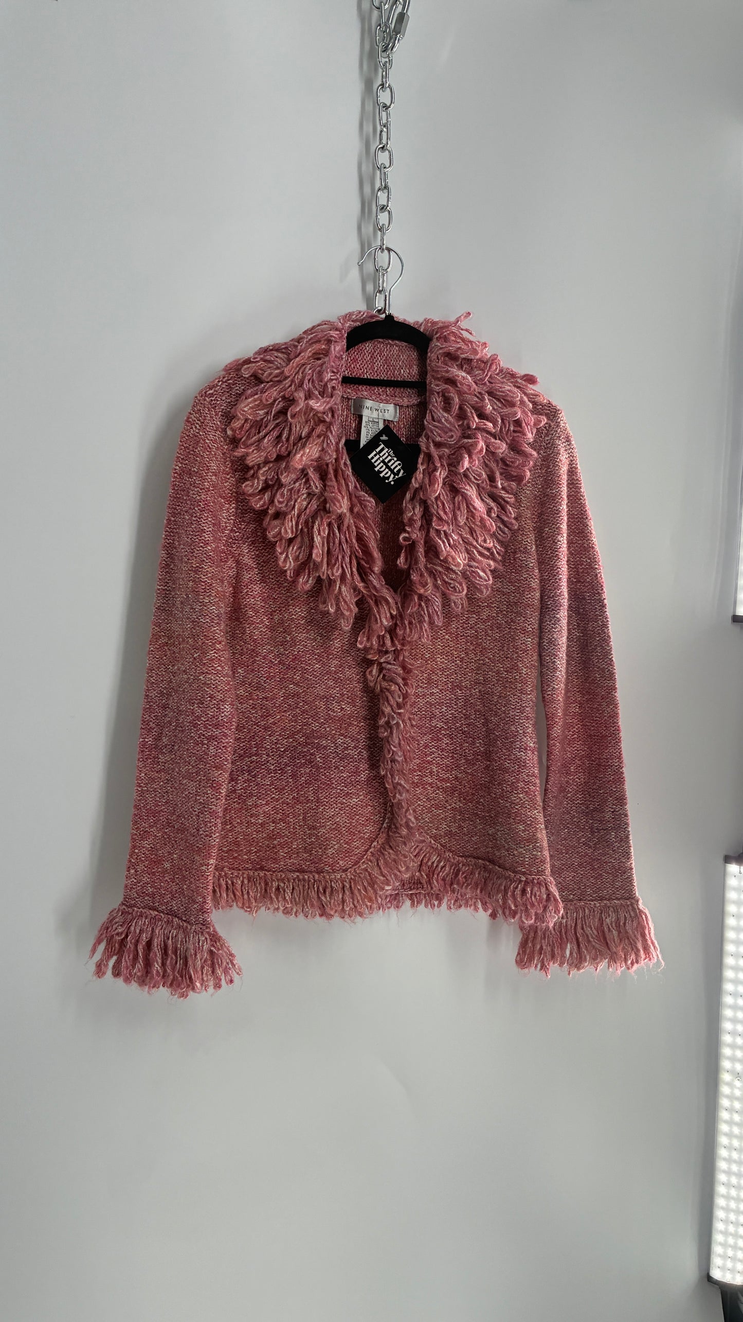 Nine West Pink Knit Cardigan Jacket with Exaggerated Fringe Collar and Cuffs (Large)