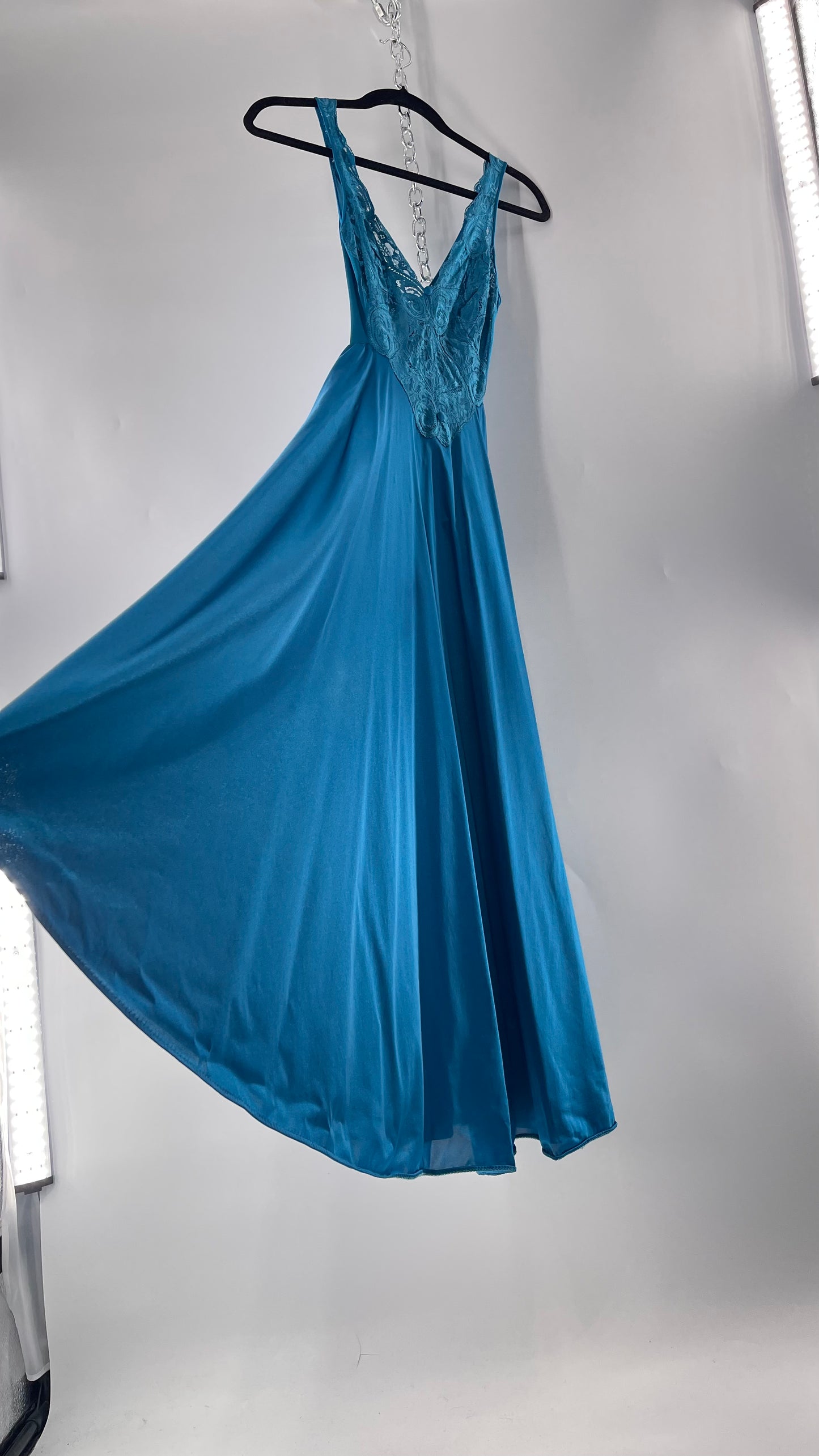 Vintage Olga Intimates Floor Length Voluminous Blue Jewel Toned Maxi Dress/Night Gown with Lace Bust (Small)