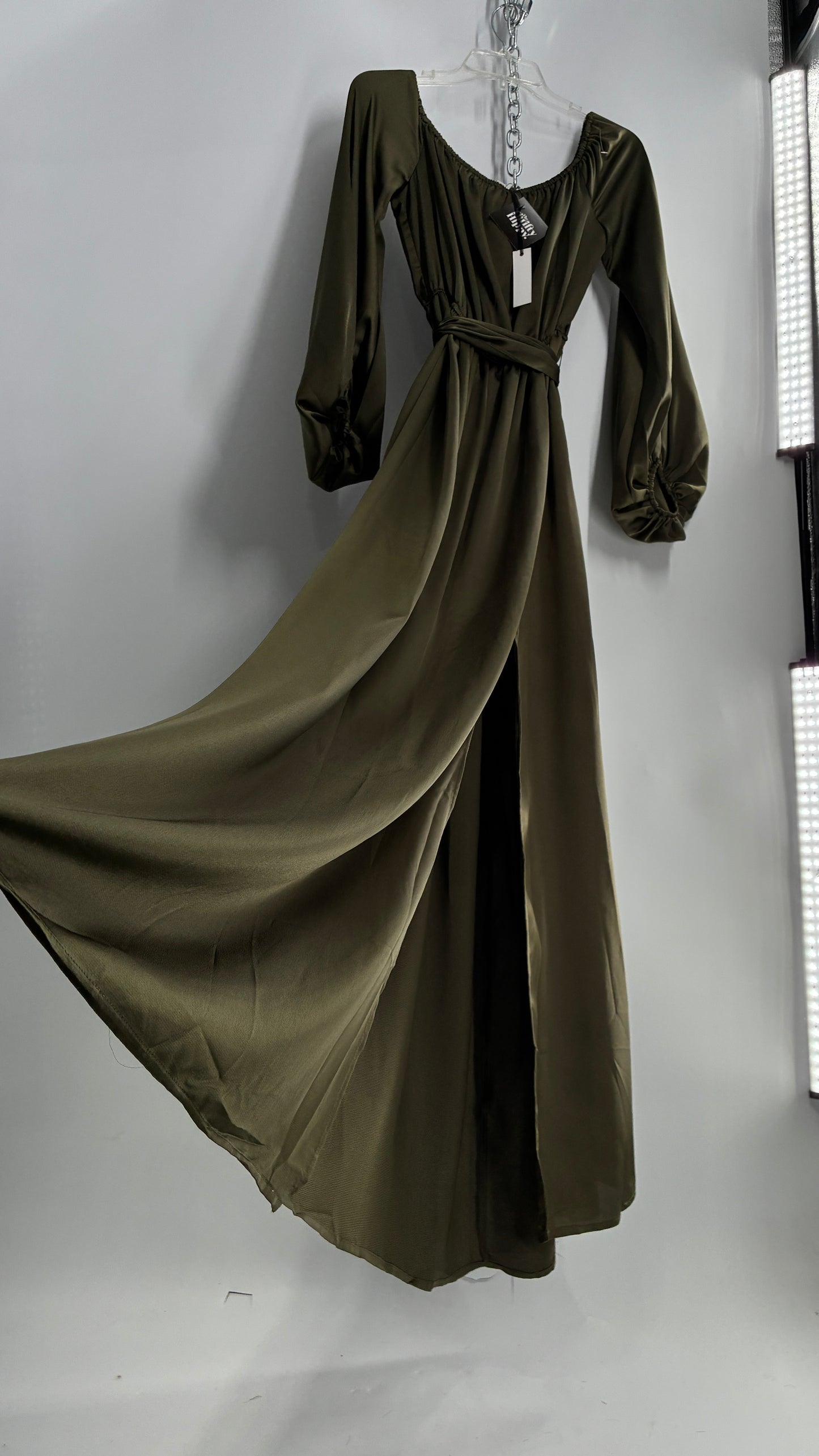 Dress Day Army Green Silky Balloon Sleeve Full Length Gown with Slit and Tags Attached (Medium)