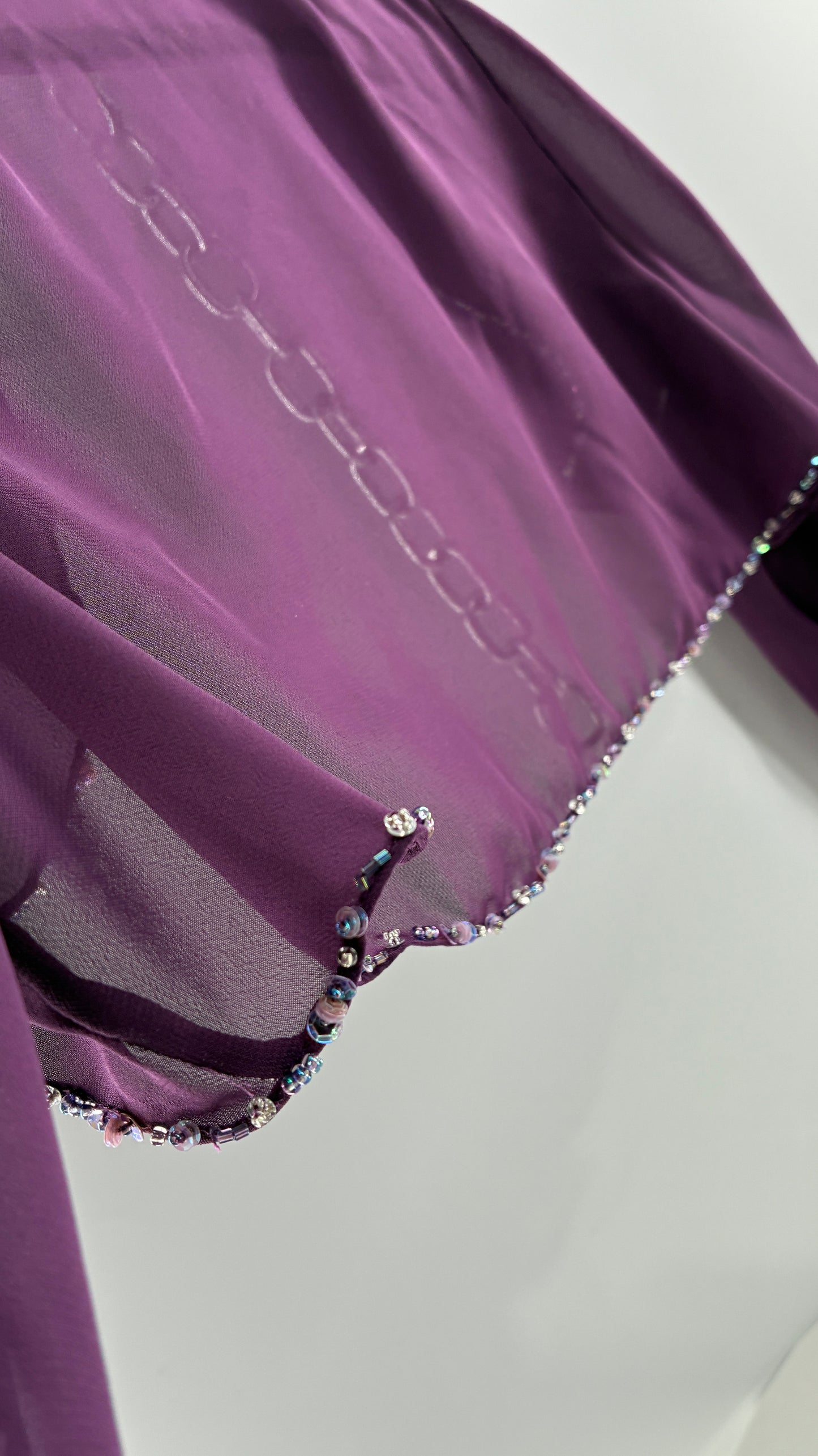 Vintage 1990s Purple Sheer Shrug with Iridescent Beaded Cuffs and Hem (M/L)