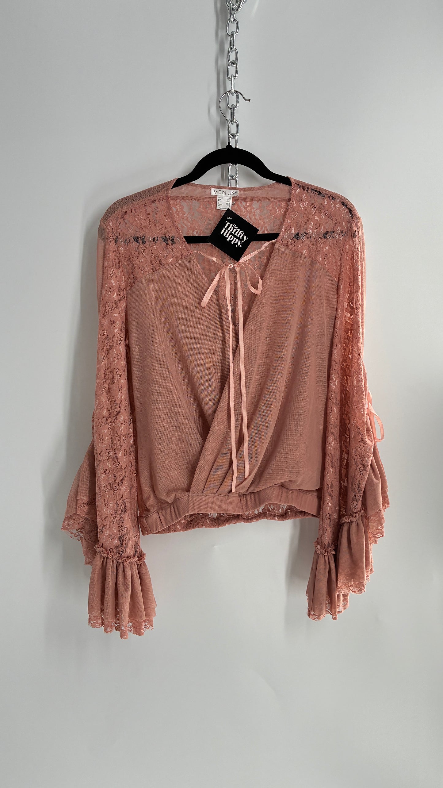 Vintage VENUS Blush Pink Lace Blouse with Voluminous Multi-Layer Bell Sleeves (Medium)