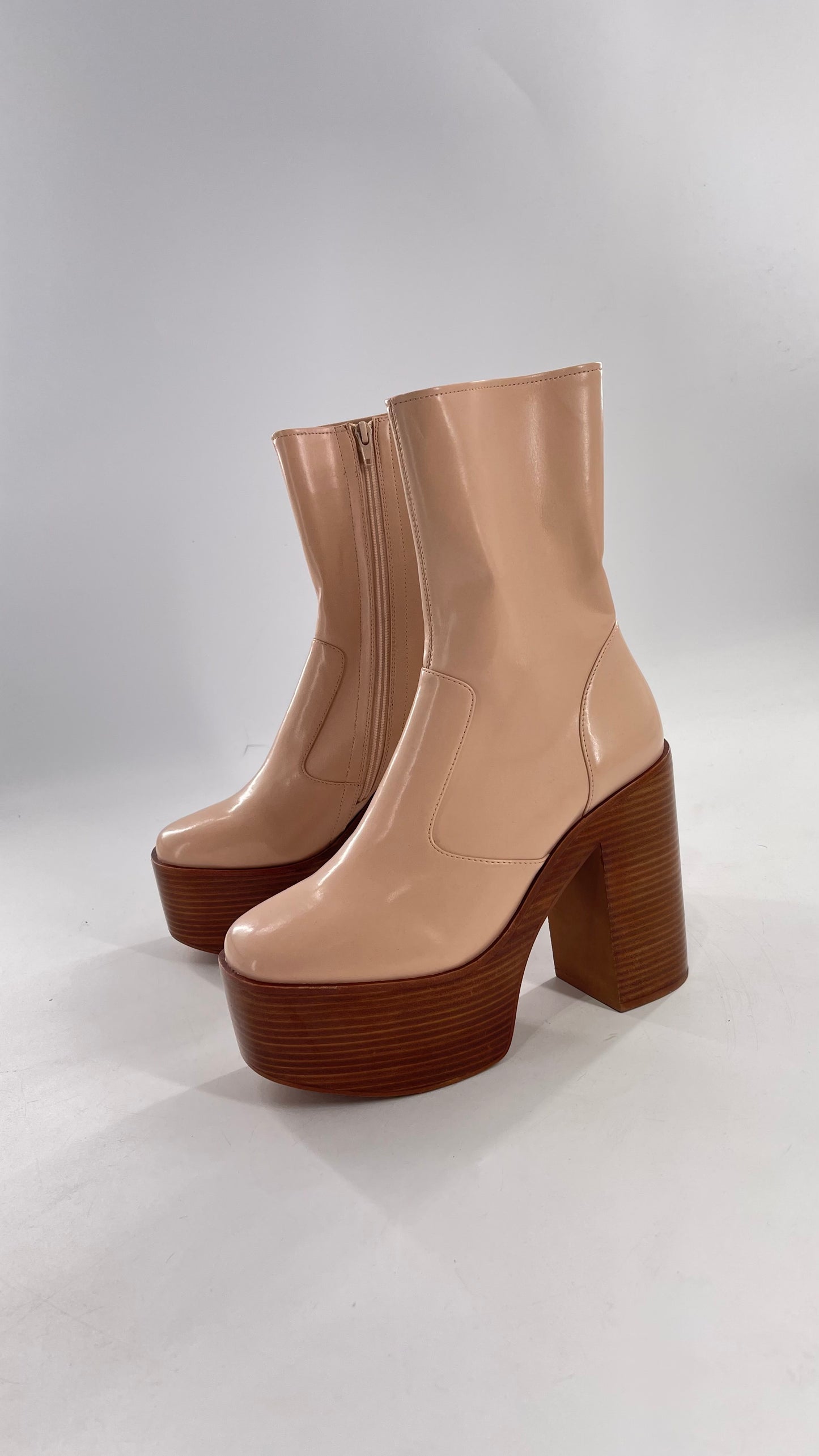 Free People X Jeffrey Campbell Mexique GoGo Boots • Beige Patent Boot with Wood Grain Chunky Block Heel and Platform (9)