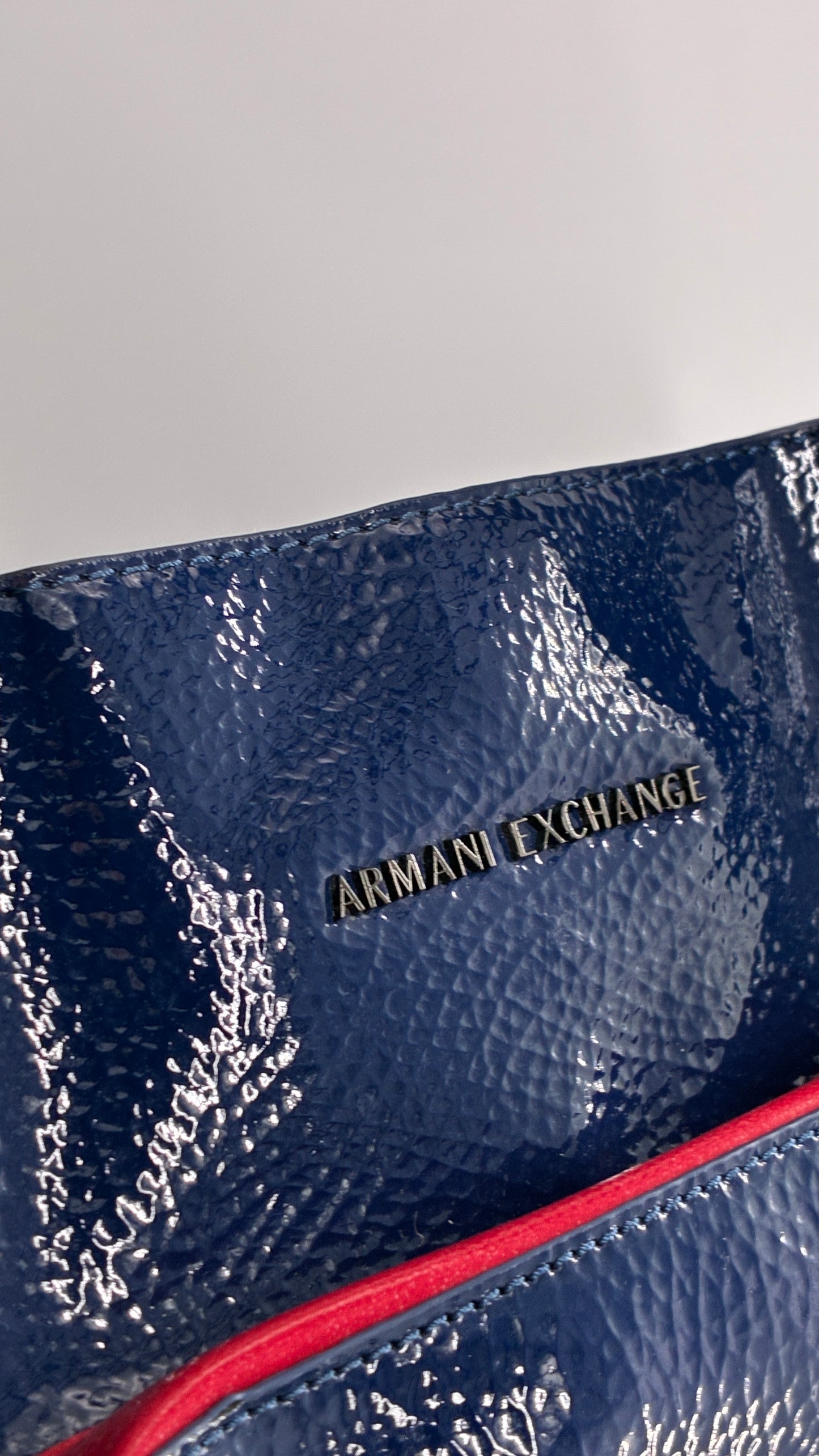 Vintage ARMANI EXCHANGE Navy Blue Patent Tote Bag with Contrasting Red Zipper