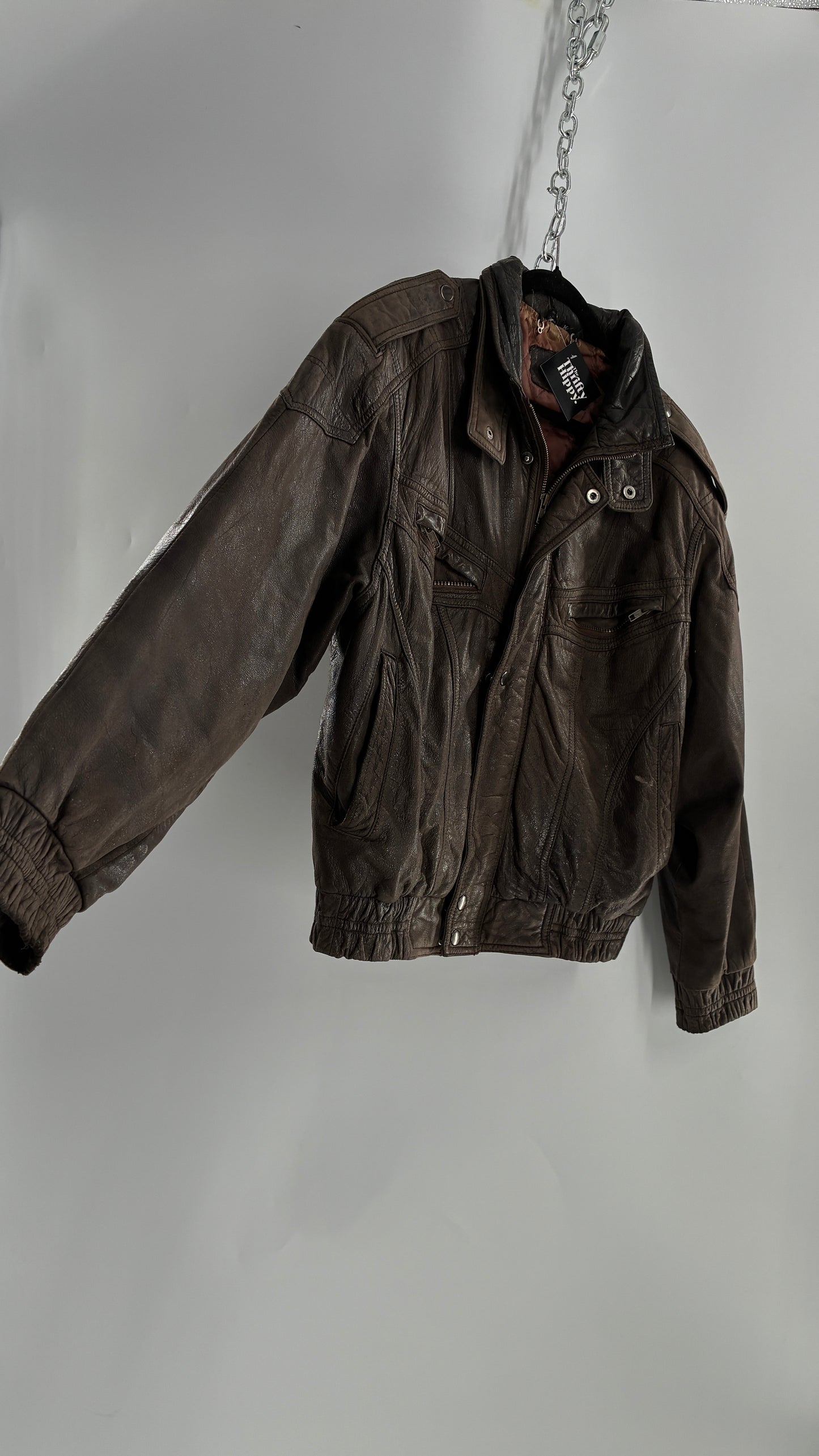 Vintage SAXONY Distressed Leather Bomber Jacket (Medium)