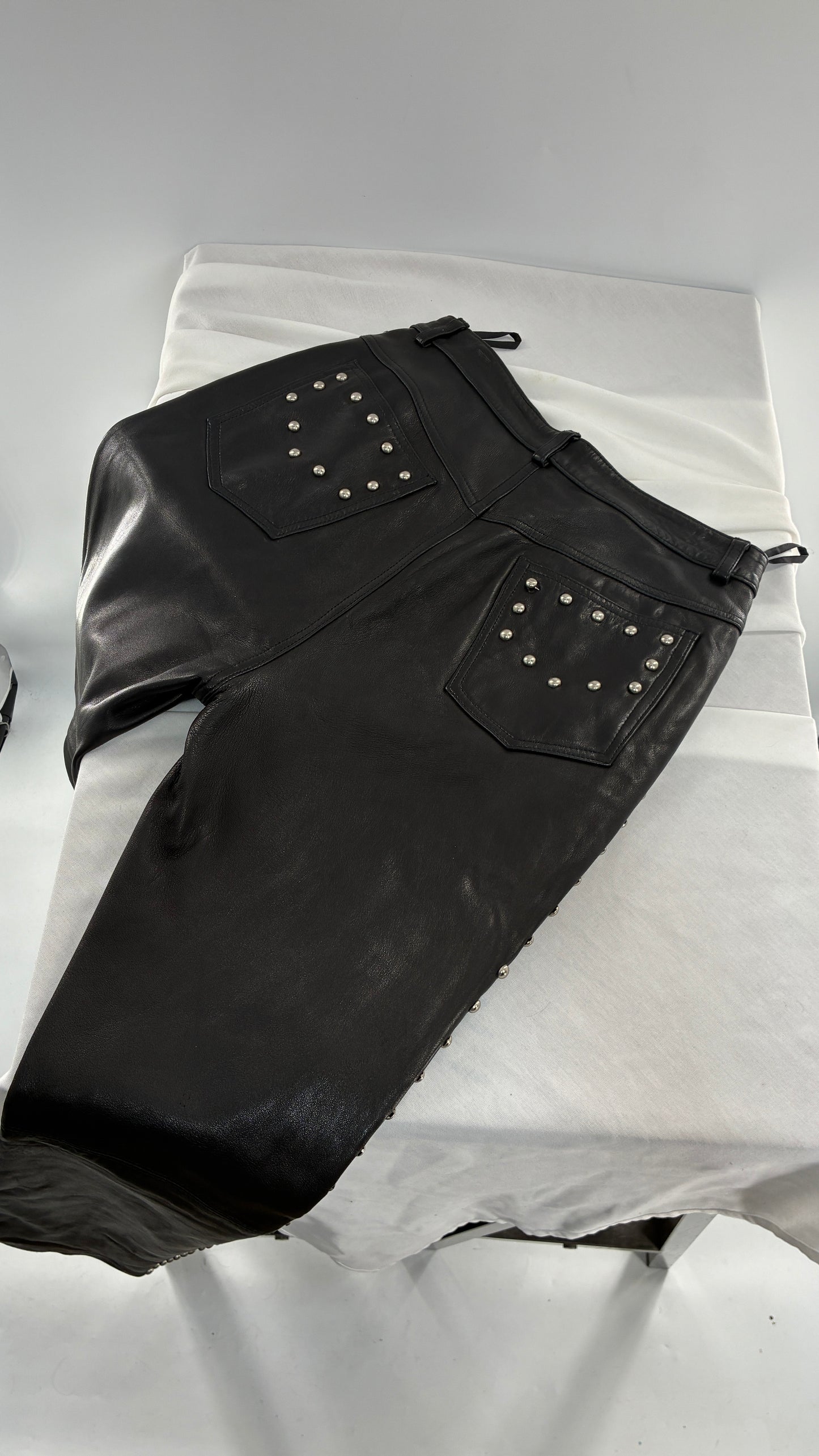 Vintage DKNY Genuine Leather Black Hip to Hem Studded Straight Legs (12)