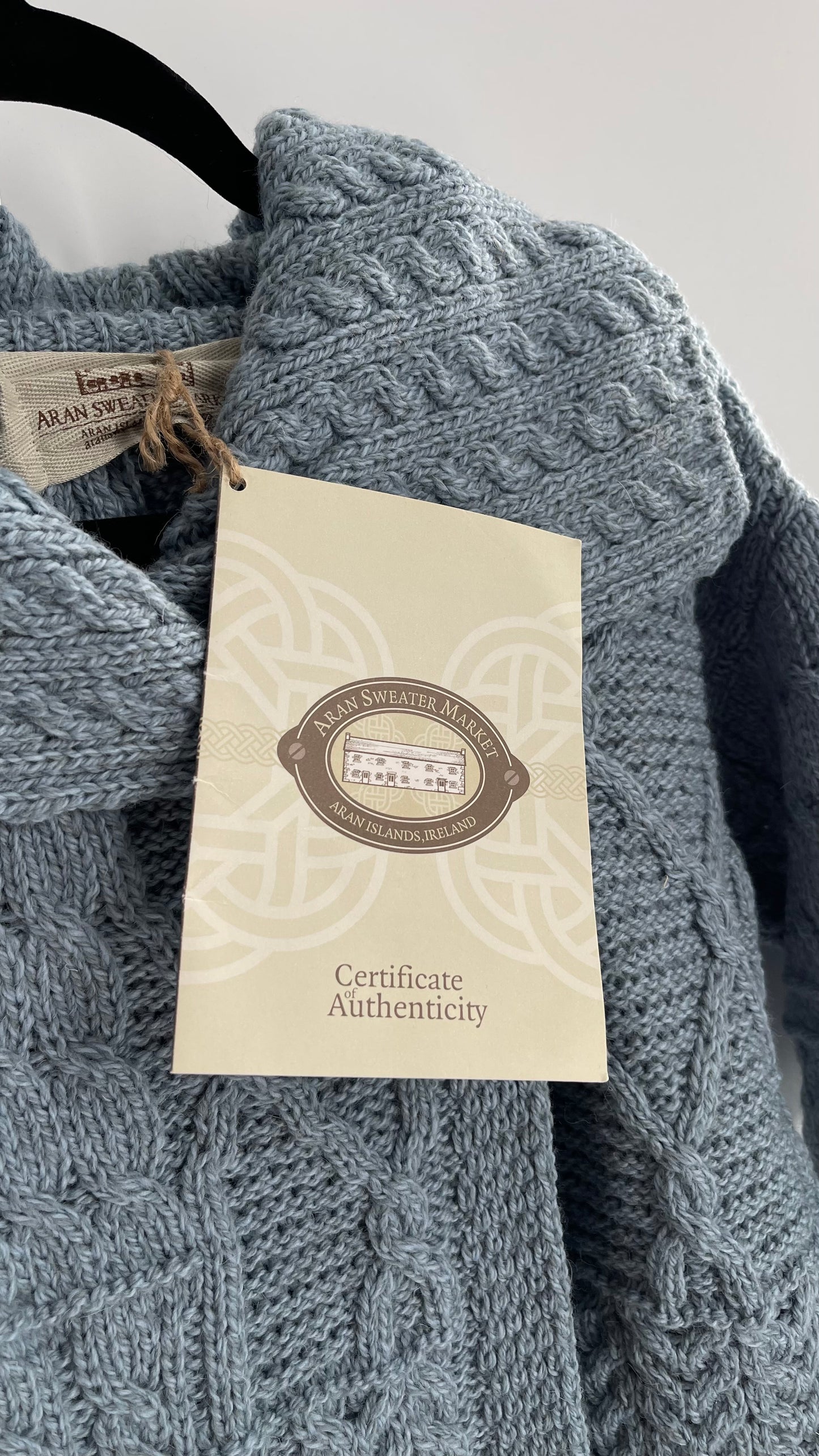 Authentic Irish Aran Sweater Market Slate Blue Aran Stitch Sweater with Oversized Wooden Button Detail and Certificate of Authenticity (Small)