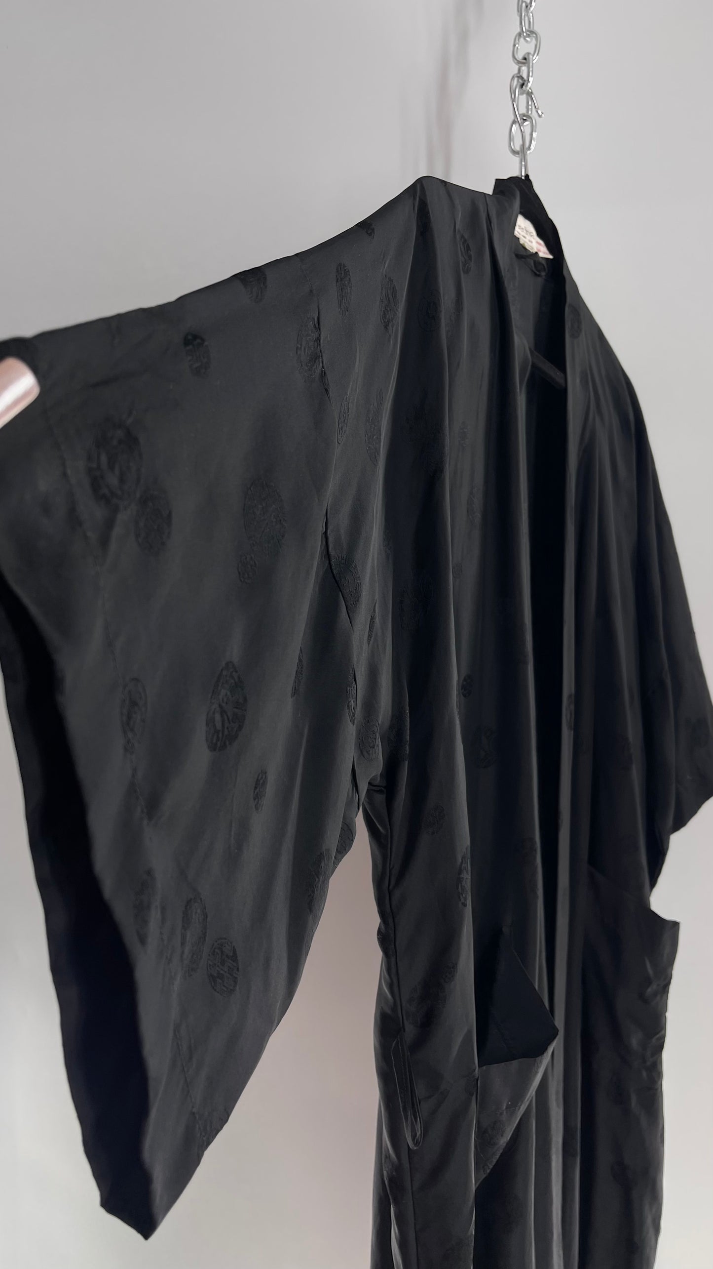 Vintage TREESHA 100% Pure Silk Black Long Embossed Robe (Large)