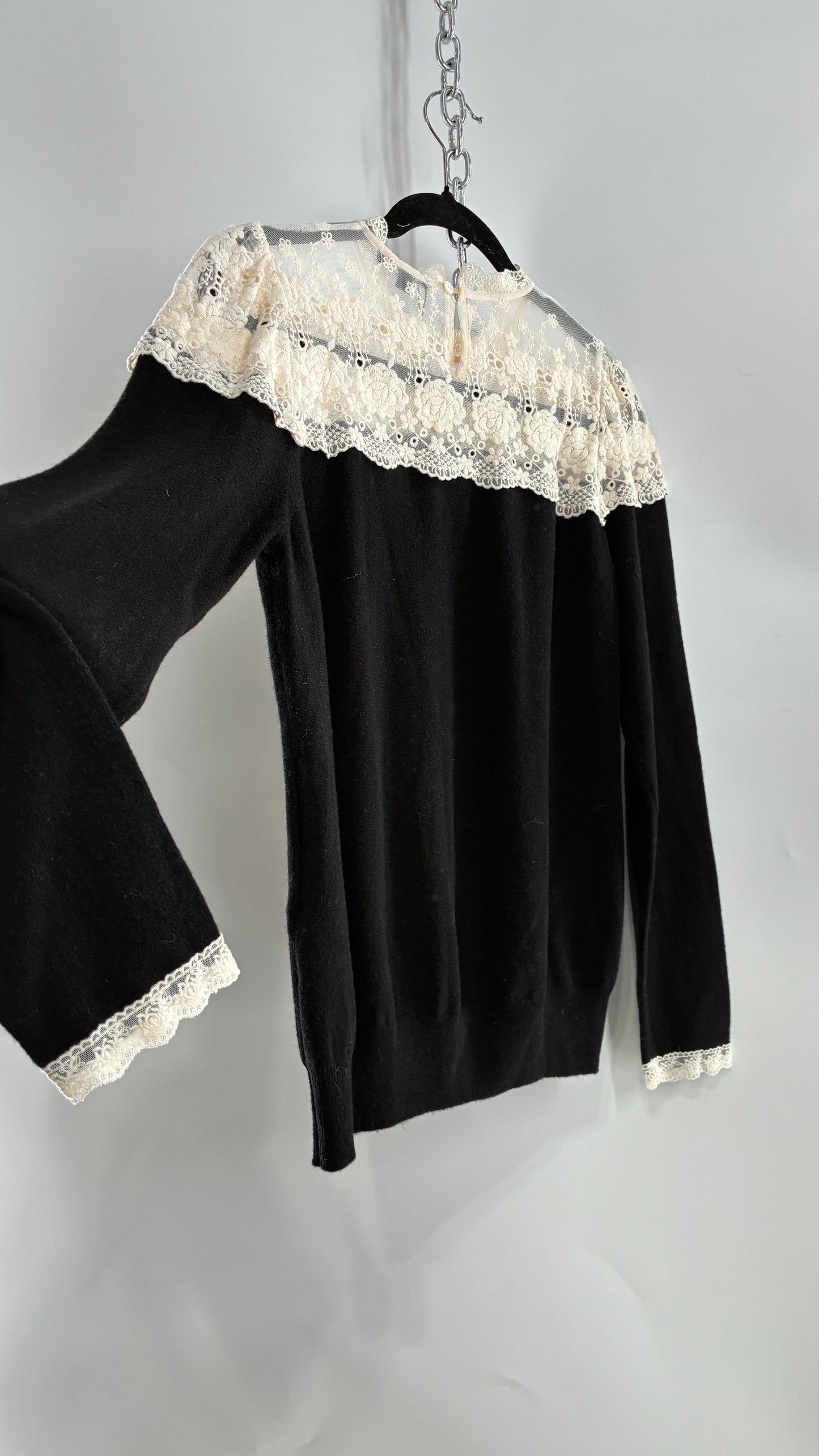 JESSIE LIU Amari Black 100% Merino Wool Sweater with Ivory Lace Neckline and Cuffs (Large)