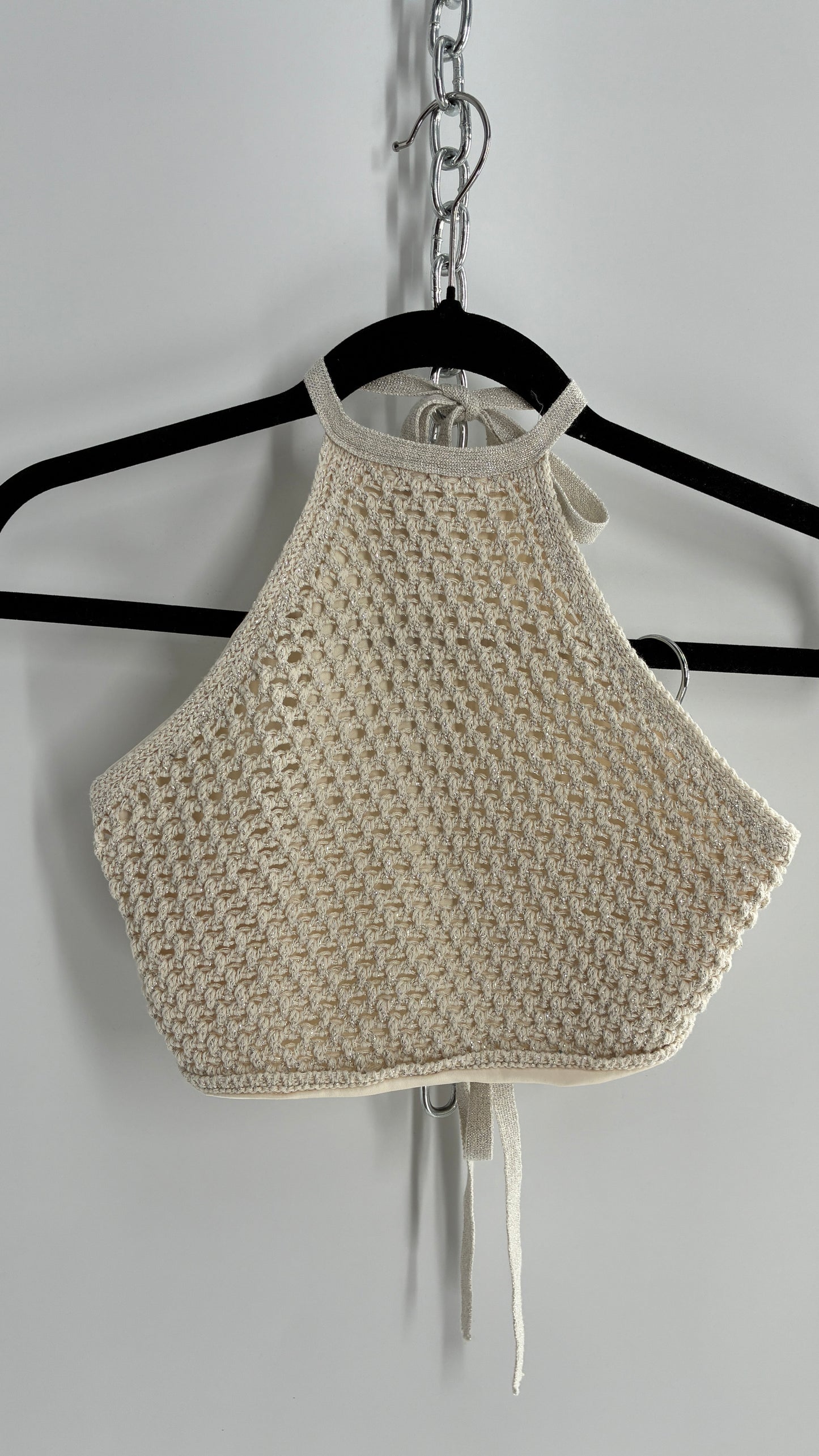 GARAGE Off White Crochet Backless Halter with Silver Tinsel (Small)
