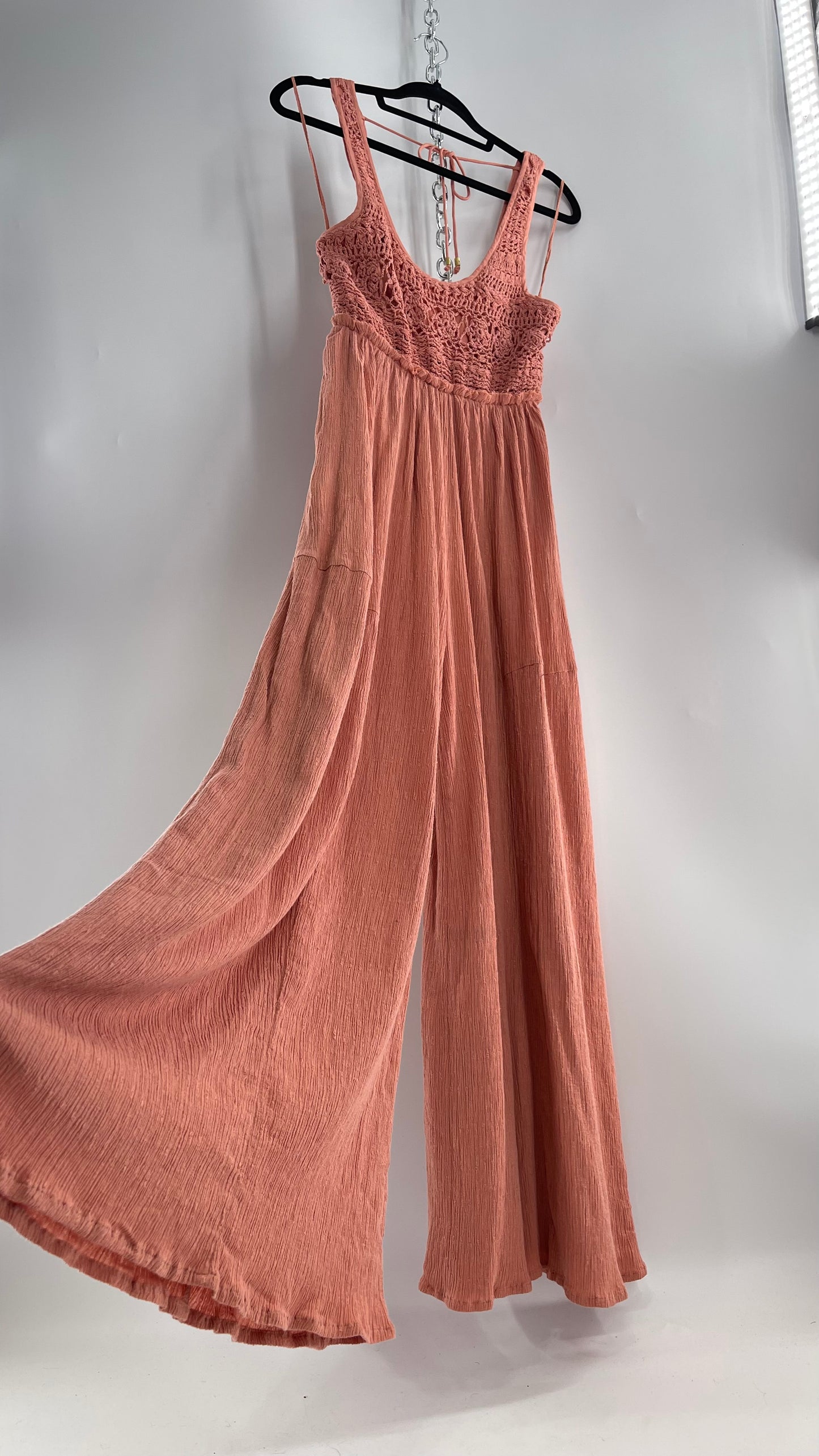 Free People Rose/Peach Pink Wide Leg Jumpsuit with Crochet Bust and Tags Attached (XS)