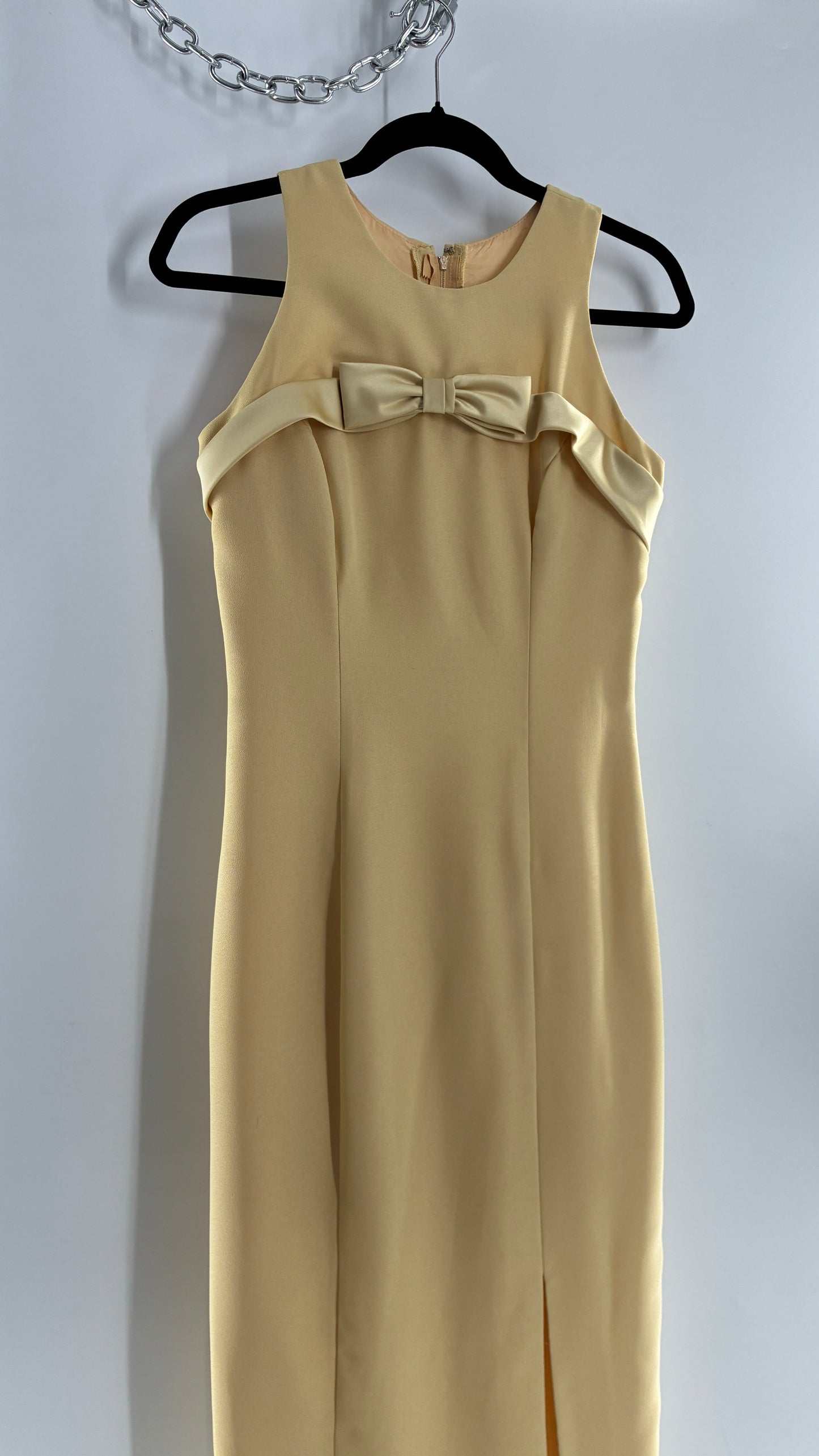 Vintage ALYCE’S Baby Yellow High Neck Satin Bow Bust, Side Slit, Button Back Gown (Measured)