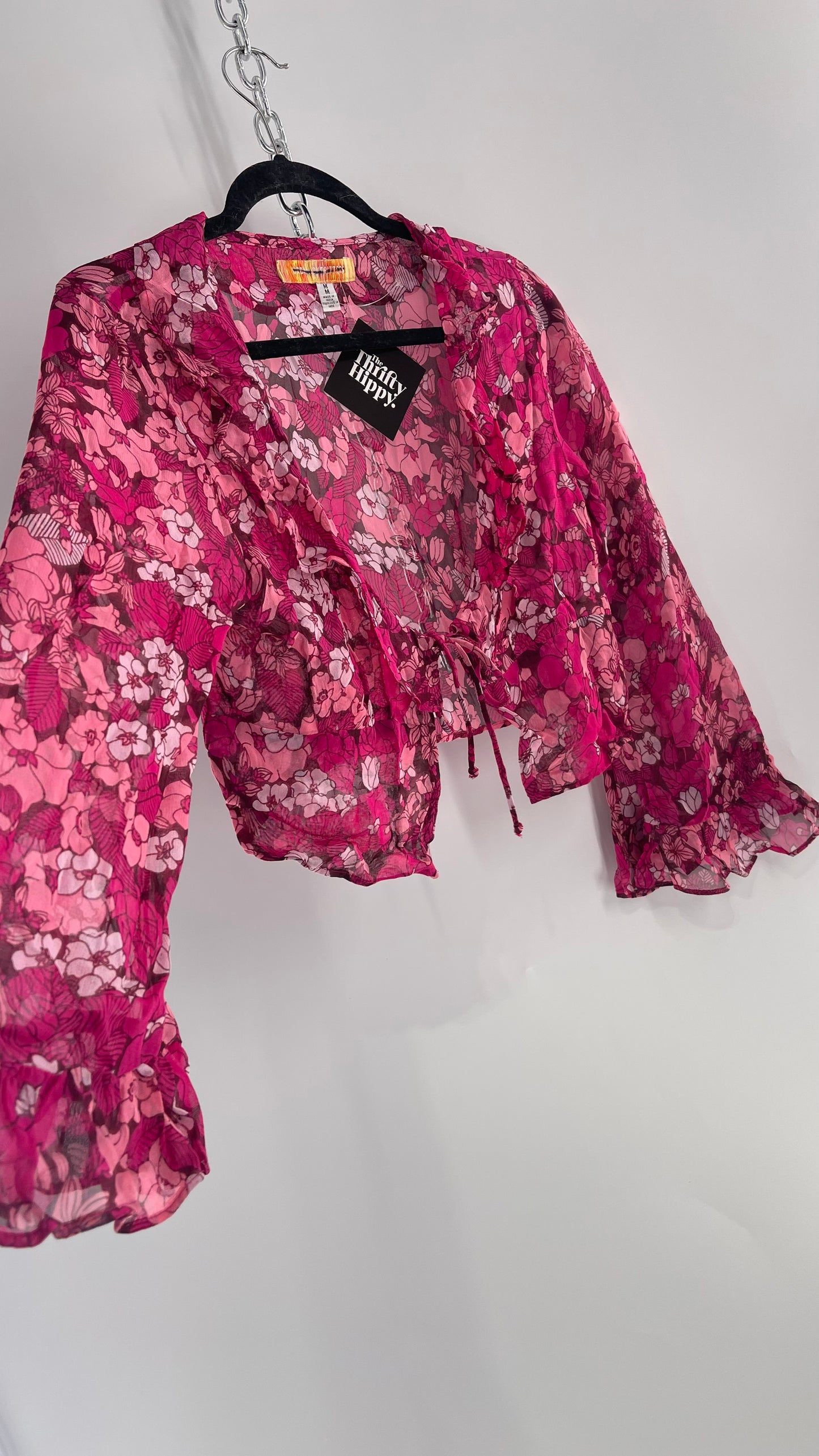 Urban Outfitters Fuchsia 100% Viscose Floral Tie Front, Ruffled Blouse