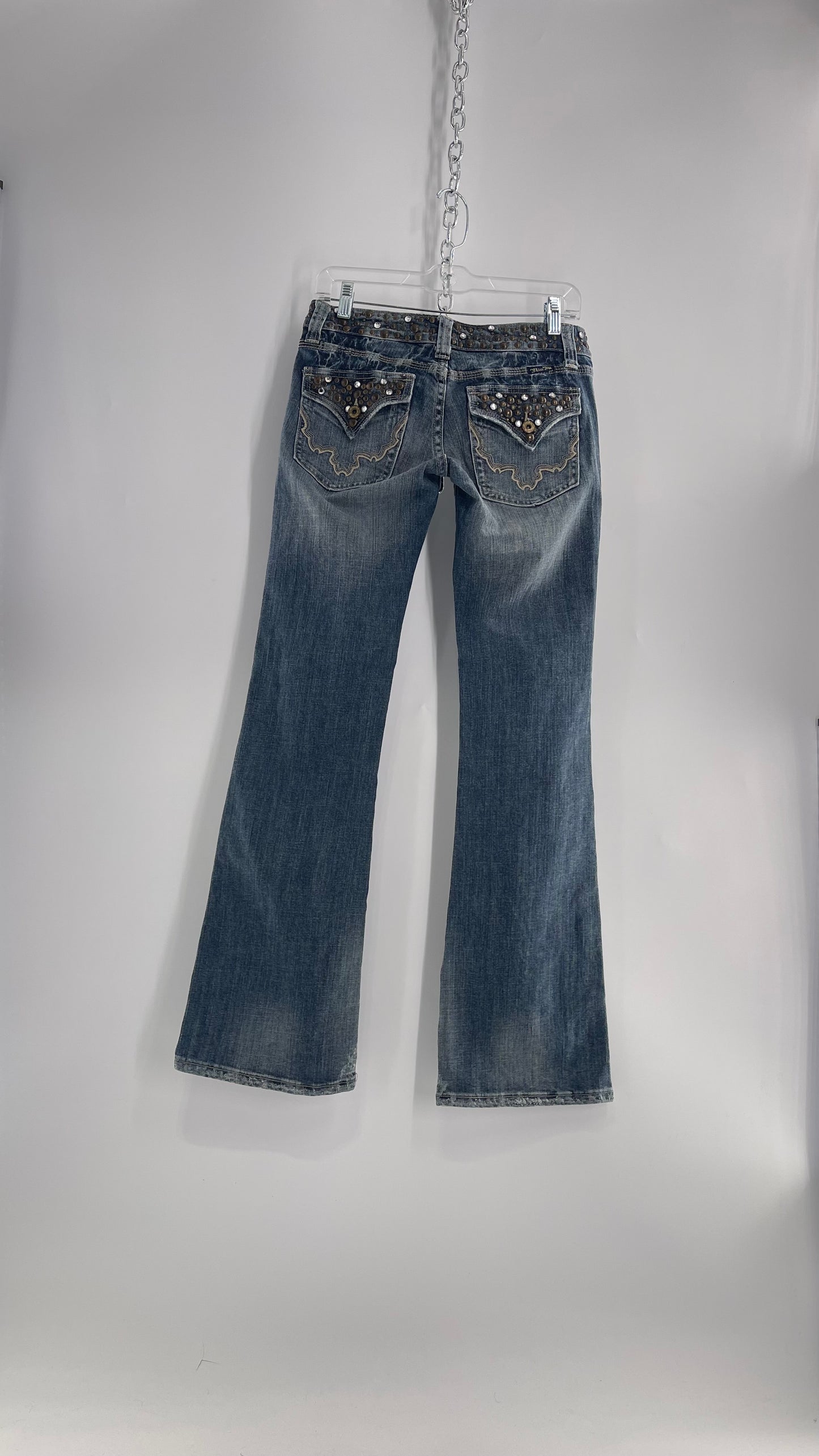 Vintage Miss Me Grainy Stone Wash Kick Flares with Studded Low Waist and Back Pockets (26)
