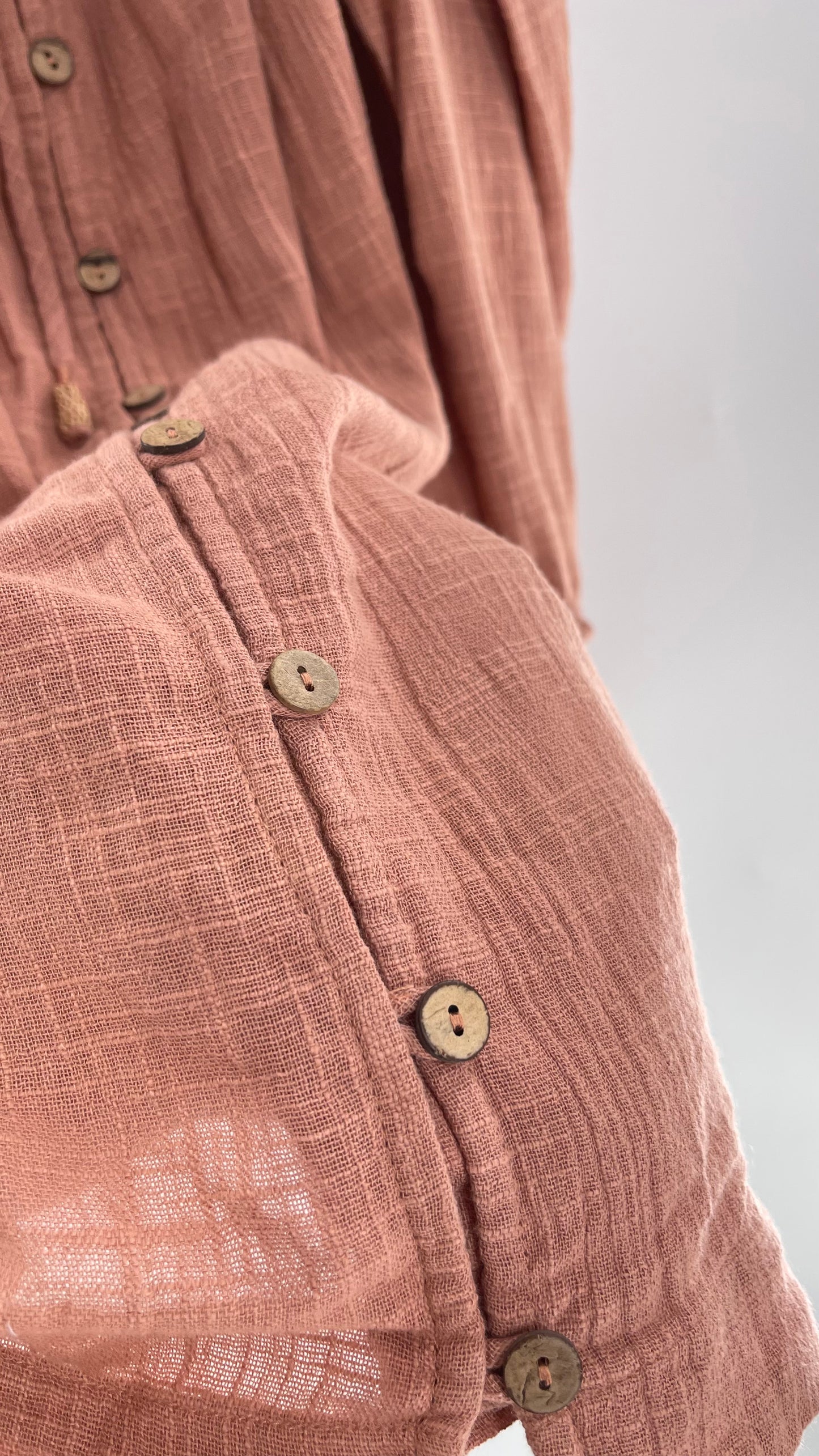 Free People Cotton Blush Pink Button Front Cold Shoulder Dress (Medium)