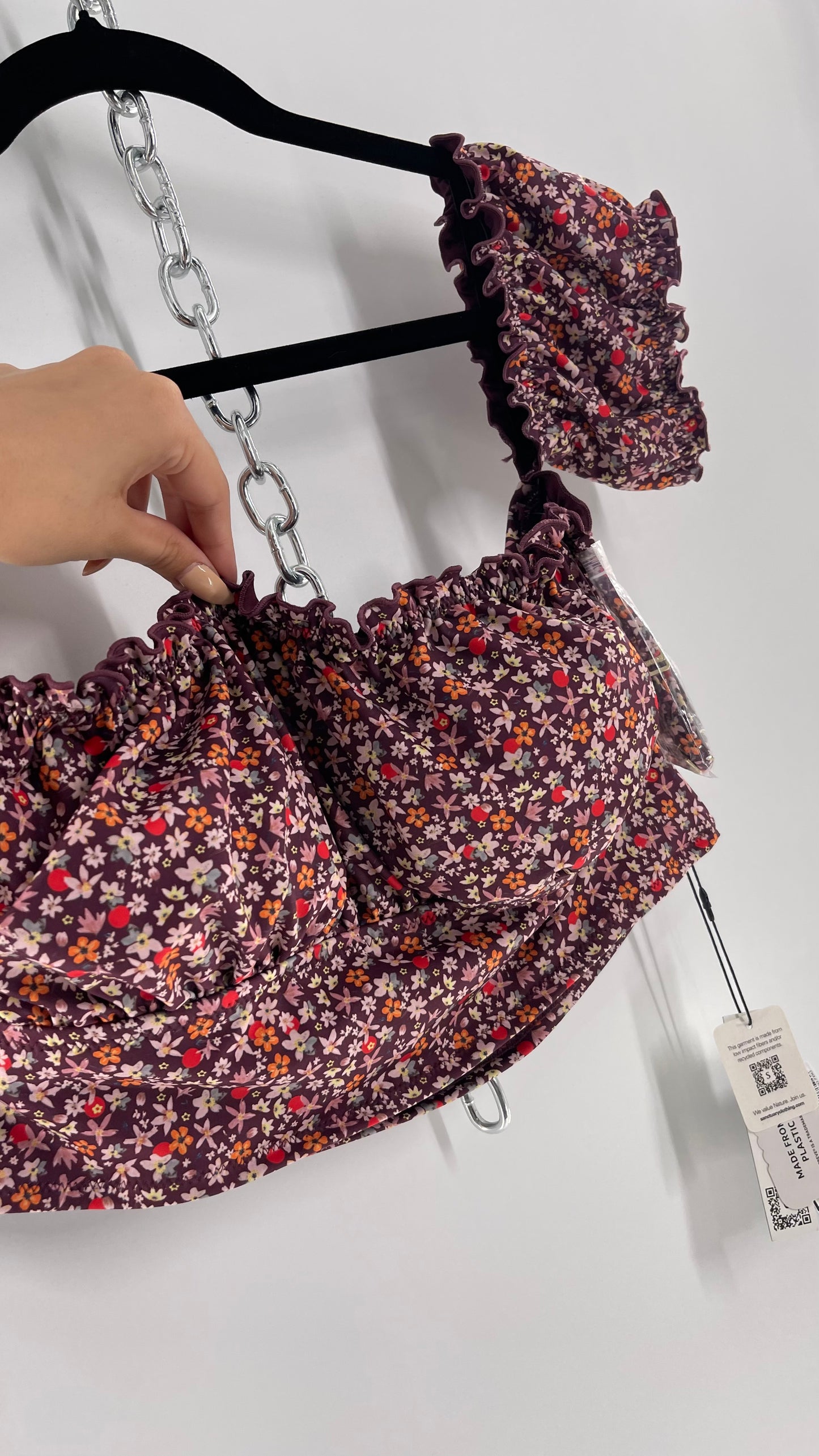 Free People Sanctuary Swim Purple Floral Milkmaid Bust Crop (XL)