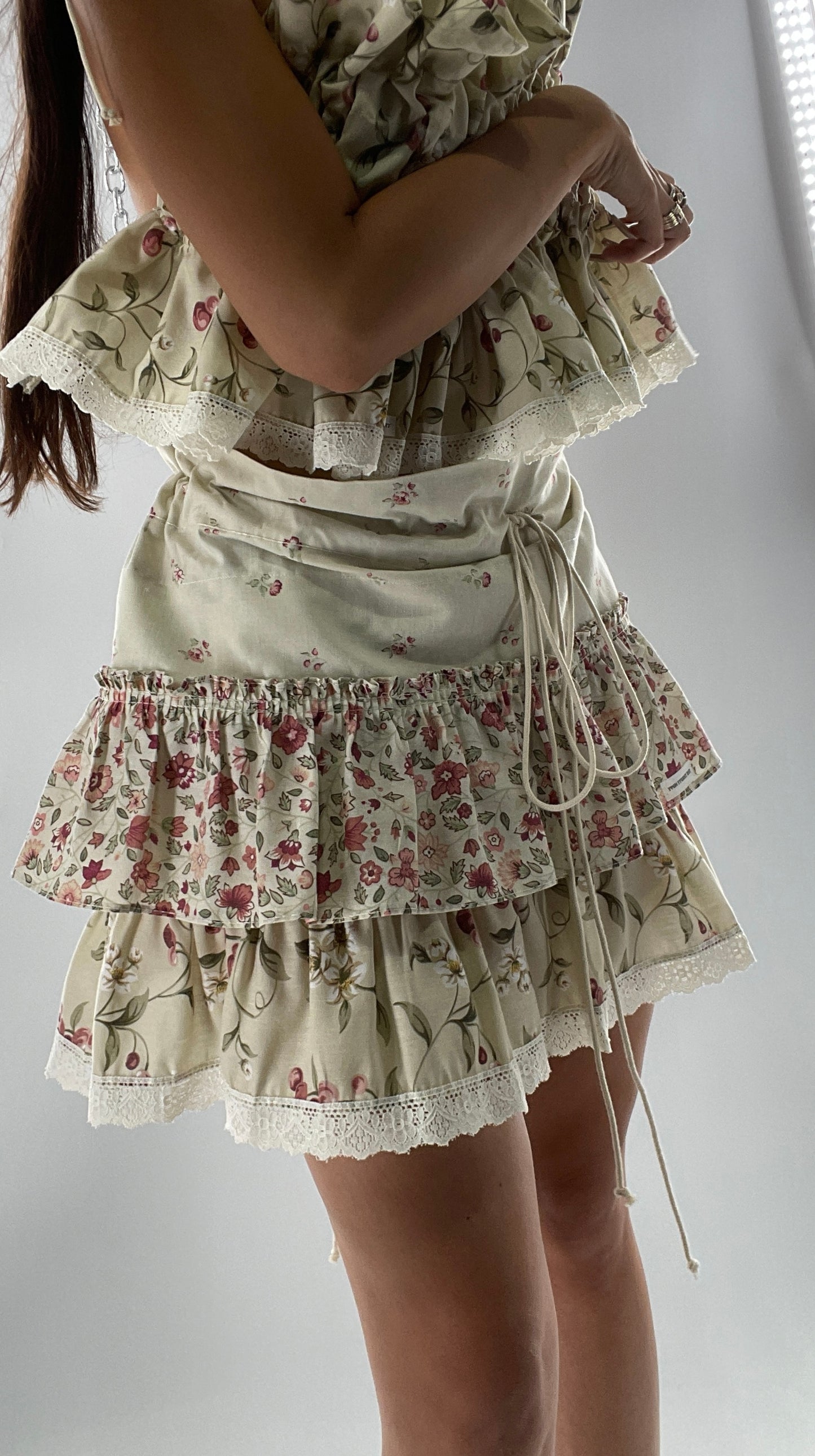 Vintage Cherry Cottage Set with Tiered Ruffled Skirt and Ruched, Backless Top (One Size)