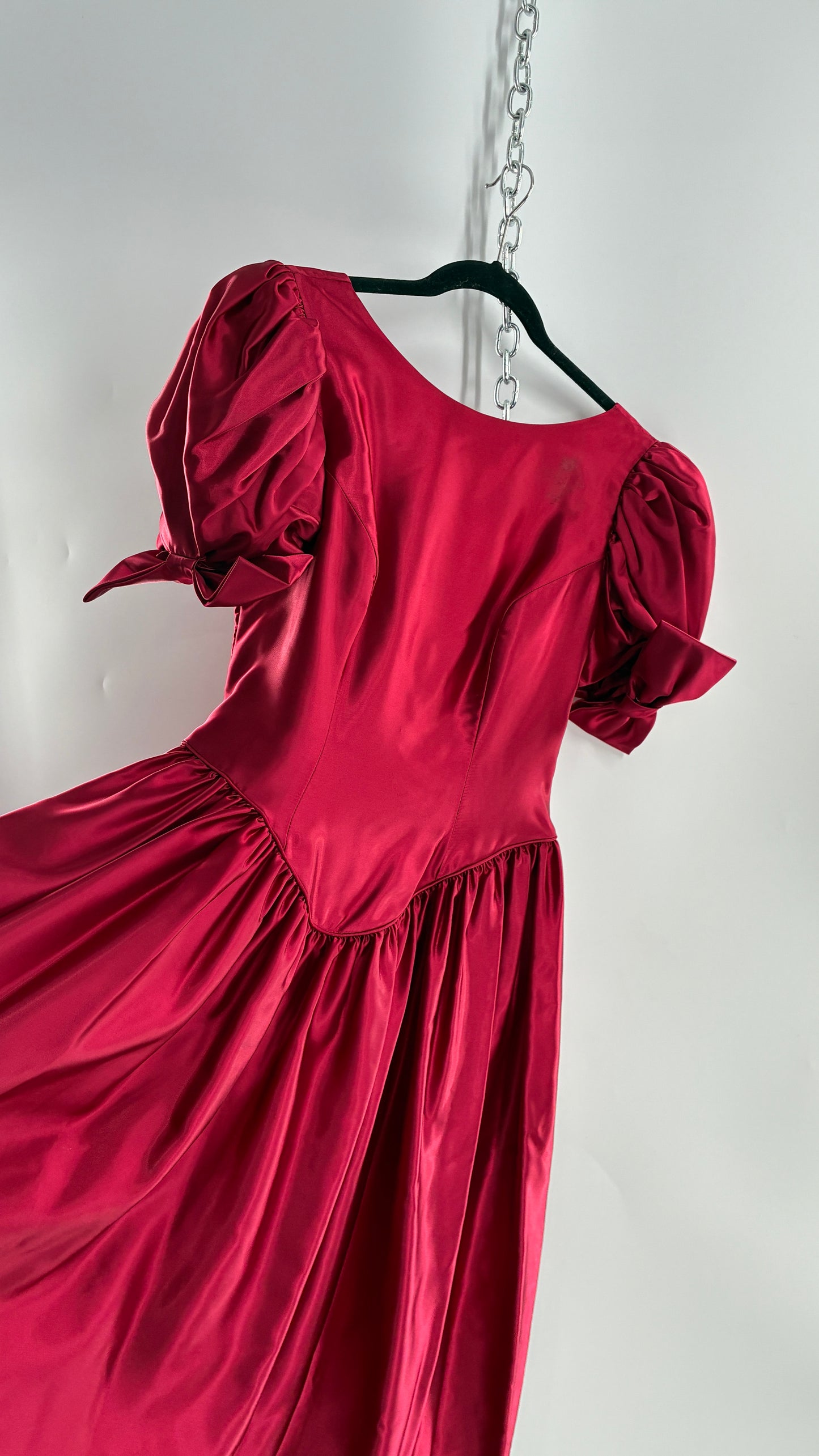 Vintage Red Silky Satin Corset Style Dress with Sweetheart Neckline, Puff Sleeves, Oversized Bow Bum, Open Back and Draping Pearls (10P)