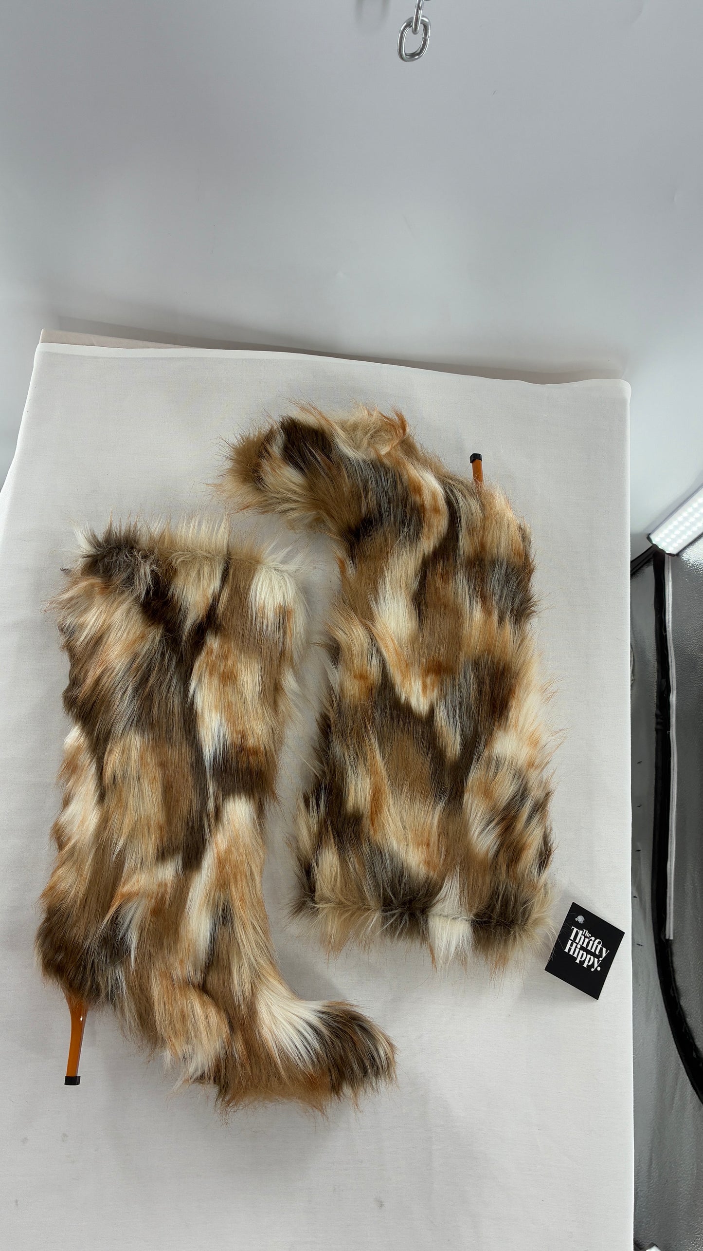 Vintage Mixed Tone Vegan Fur, Knee High, Pointed Toe Boots (43)