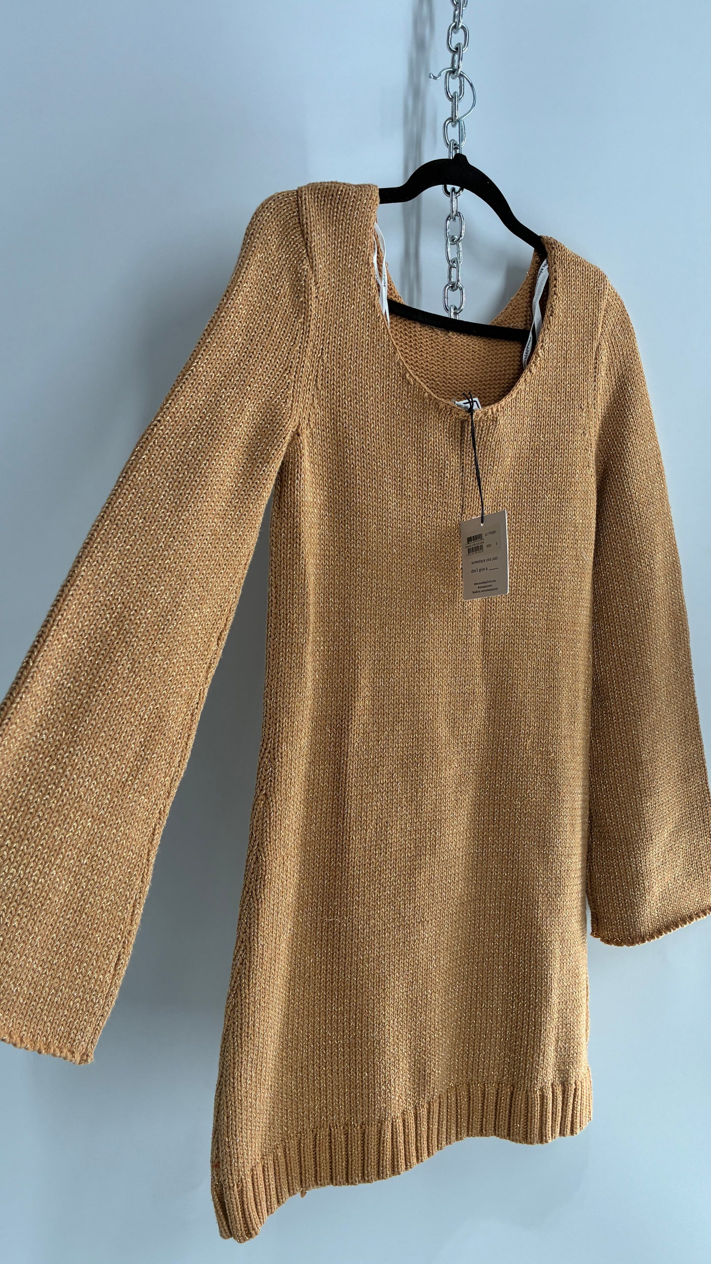 Some Days Lovin Gold Tinsel Knit Bell Sleeve Mini Dress (Small)