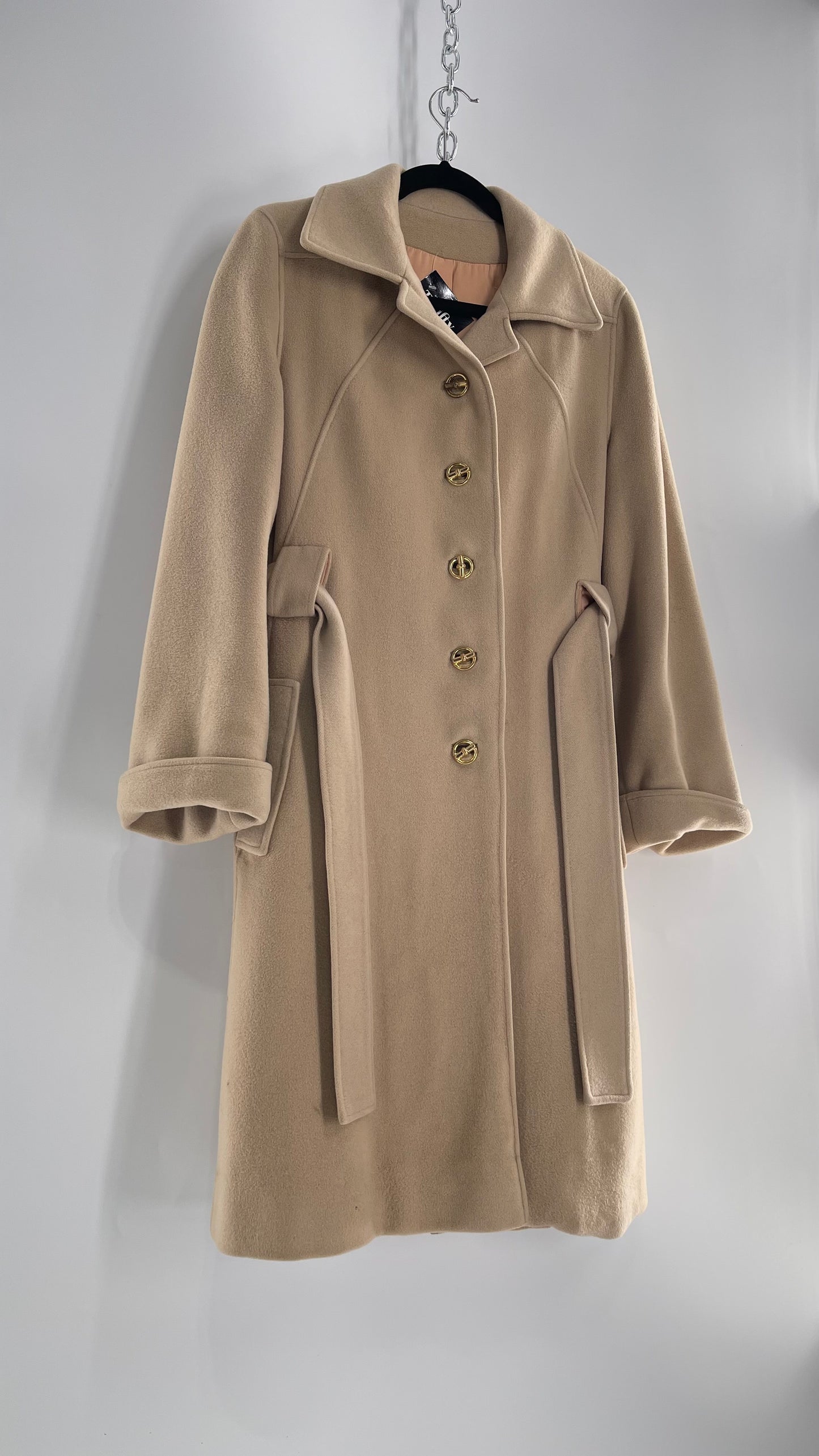 Vintage 100% Amicale Cashmere Beige Cream Coat with Apricot Satin Lining (C) (S/M)
