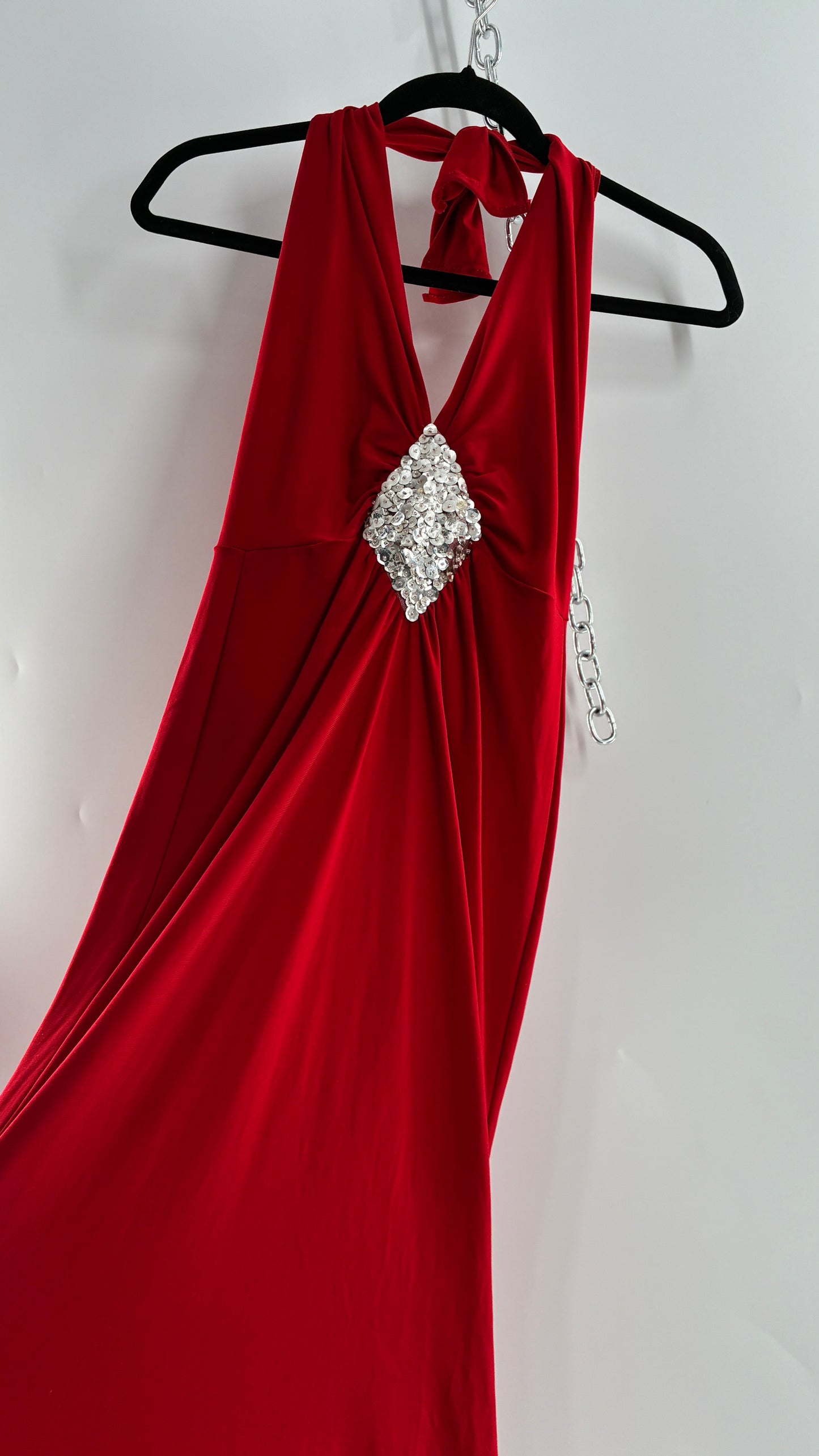 Vintage SYMPHONY Lycra Red Halter Full Length Dress with Sequin Bust Detail (Small)