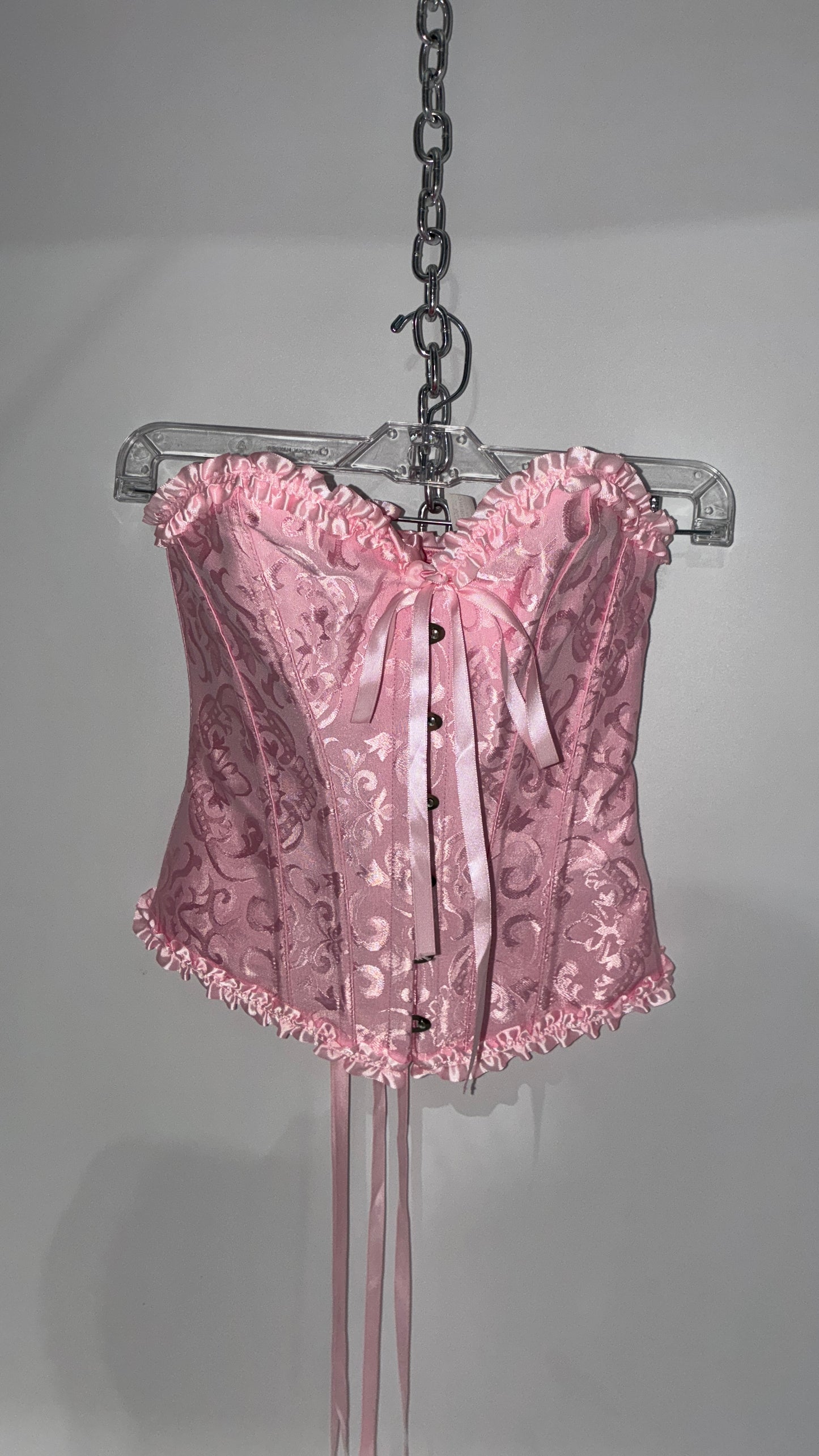 Baby Pink Ruffled Lace Trim Corset with Tie Bust Detail (Small)