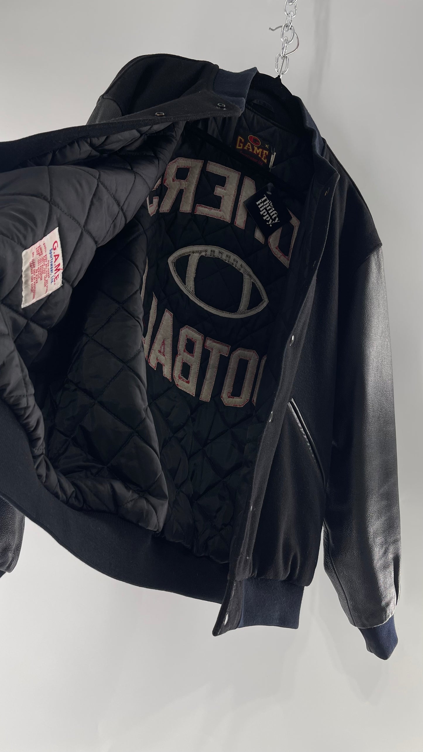 Vintage Somers Football Varsity Jacket with Leather Sleeves “Matt” Embroidery and Red Lettering (XL)
