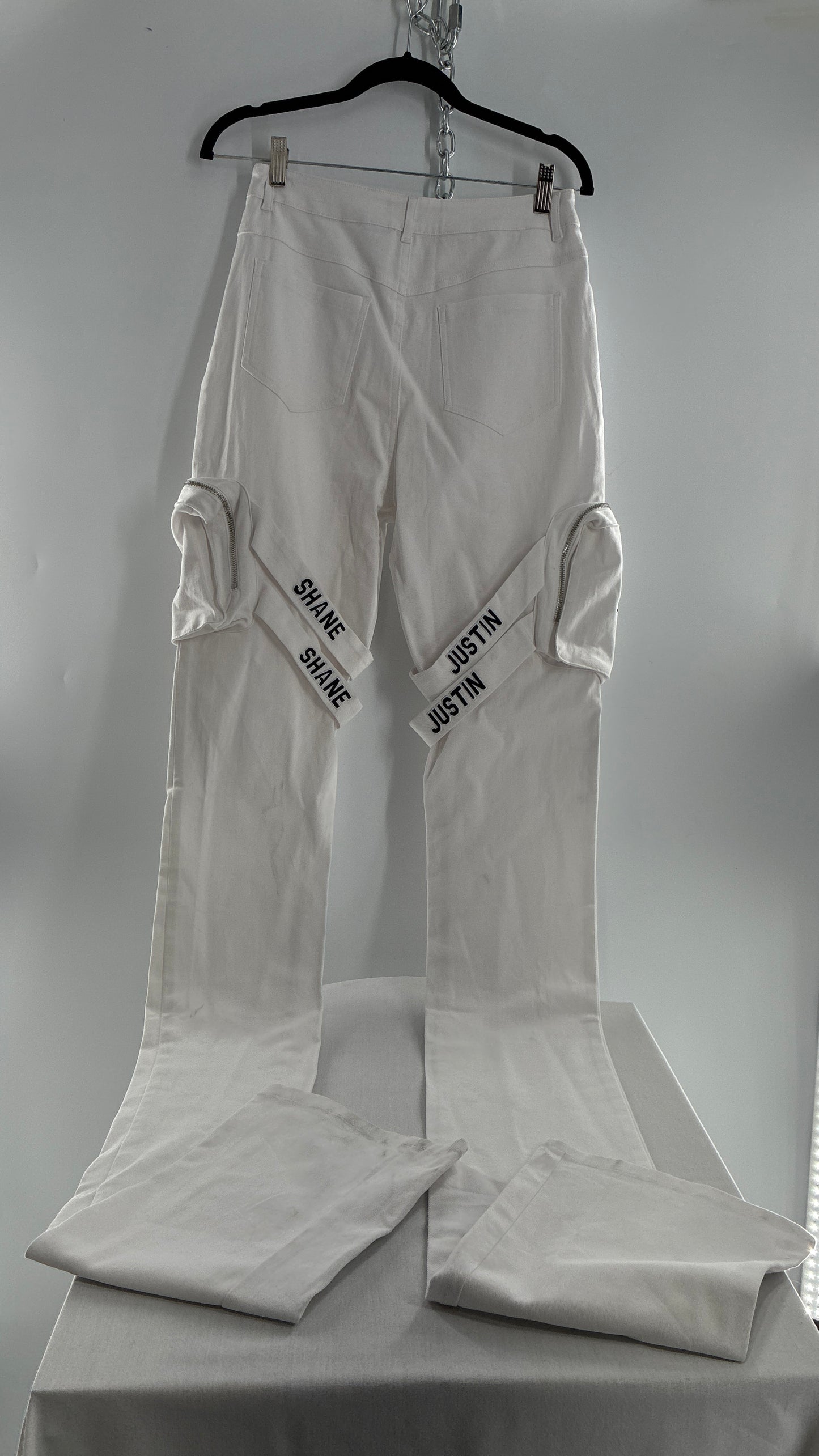 Designer SHANE JUSTIN White Stacked Extendo Cargo Pants with Embroidered Logo Pants and Tags Attached (Small)