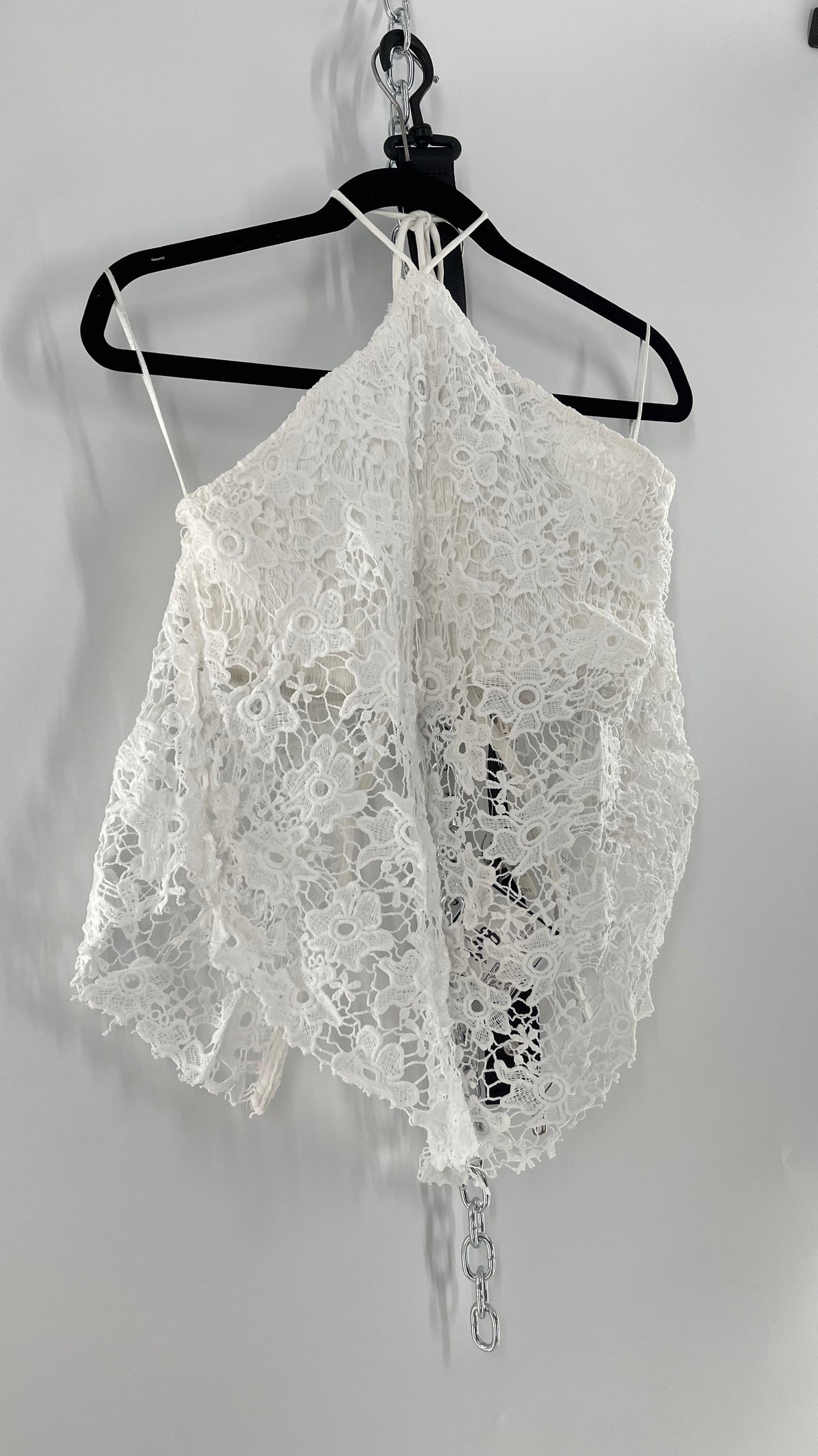Free People White Smocked Halter with Lace Overlay (Large)