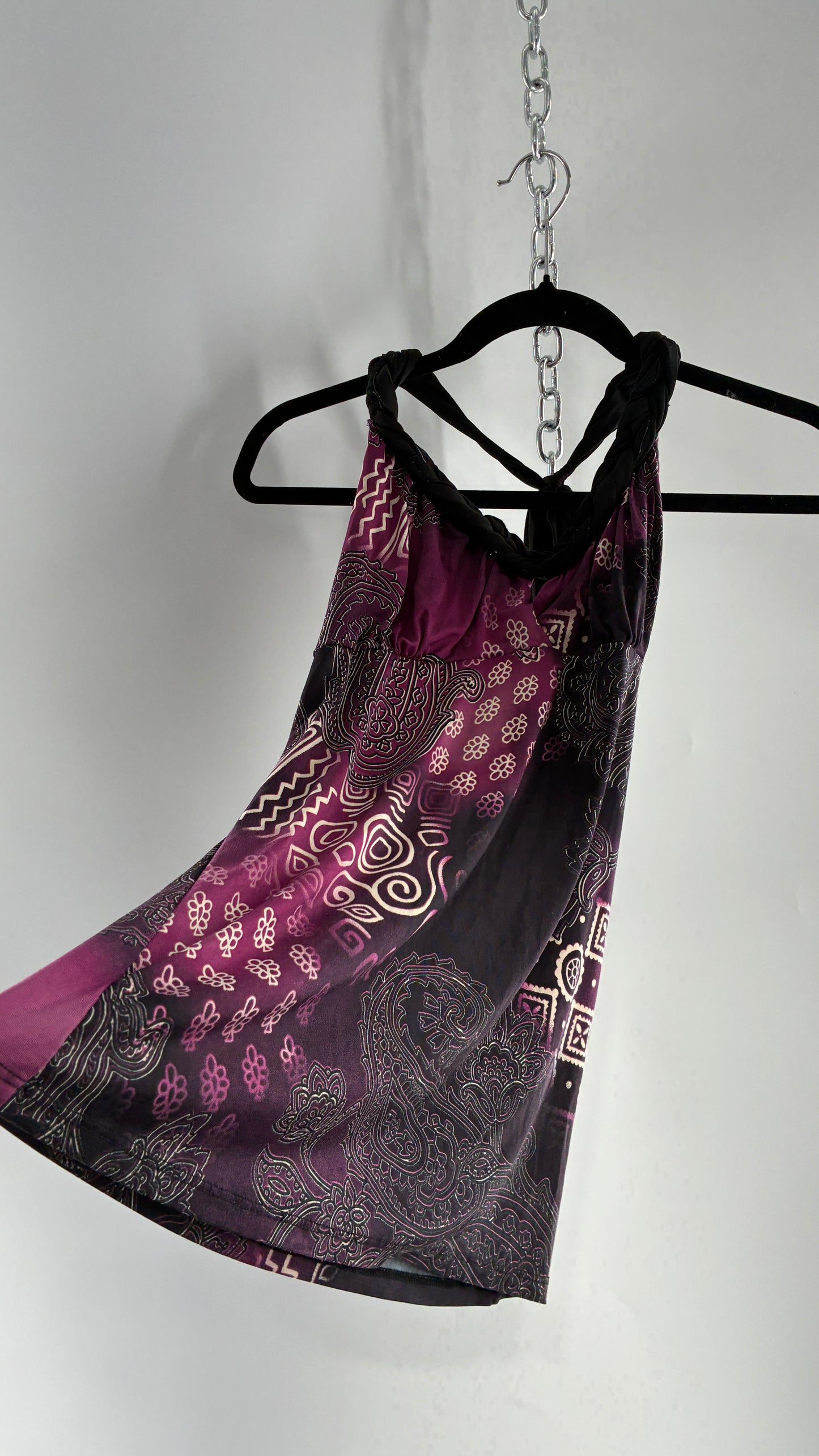Vintage RUE 21 Purple Braided Halter Black and Purple Graphic (Large)