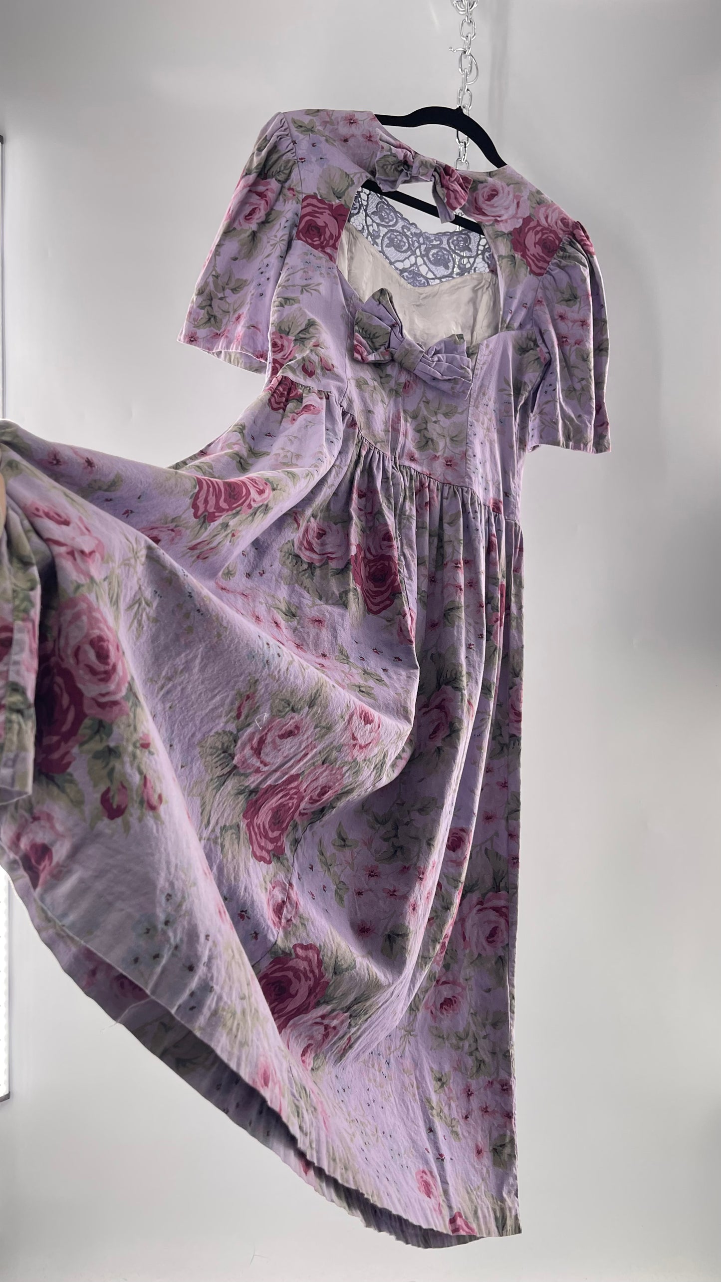 Vintage Urban Renewal Reworked and Upcycled Misty Lane Lilac/Lavender Floral Fit/Flare Dress with Sweetheart Neckline, Lace Detail and Bow Adorned Open Back (11/12)